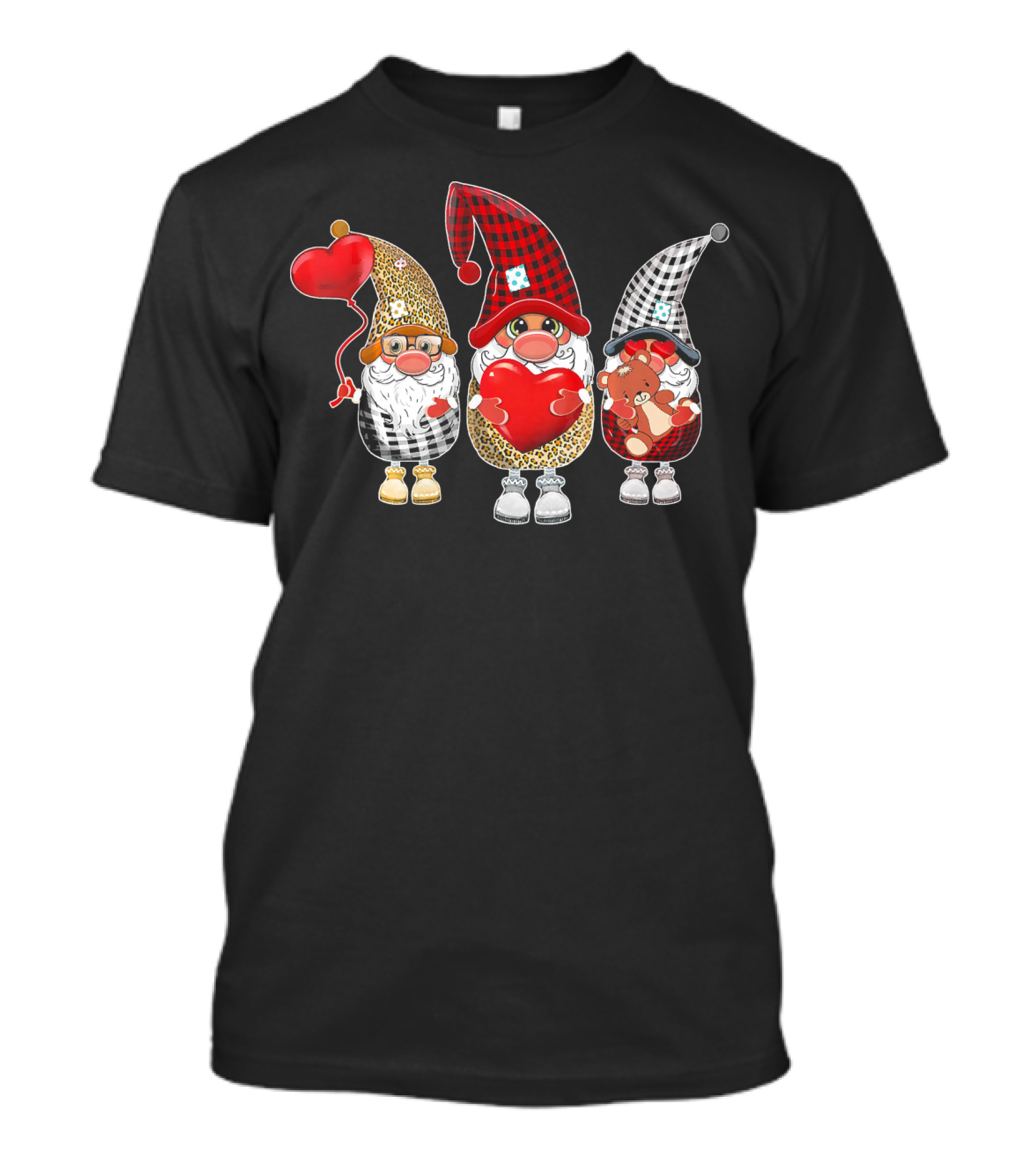 Cute Gnomes With Leopard And Buffalo Plaid Hearts T-Shirt