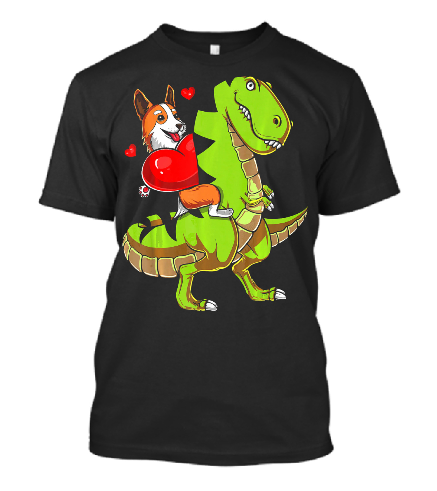 Corgi Dog Riding T-Rex Dinosaur With Hearts Valentin T-Shirt