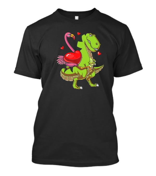 Flamingo Riding T-Rex Dinosaur With Hearts T-Shirt