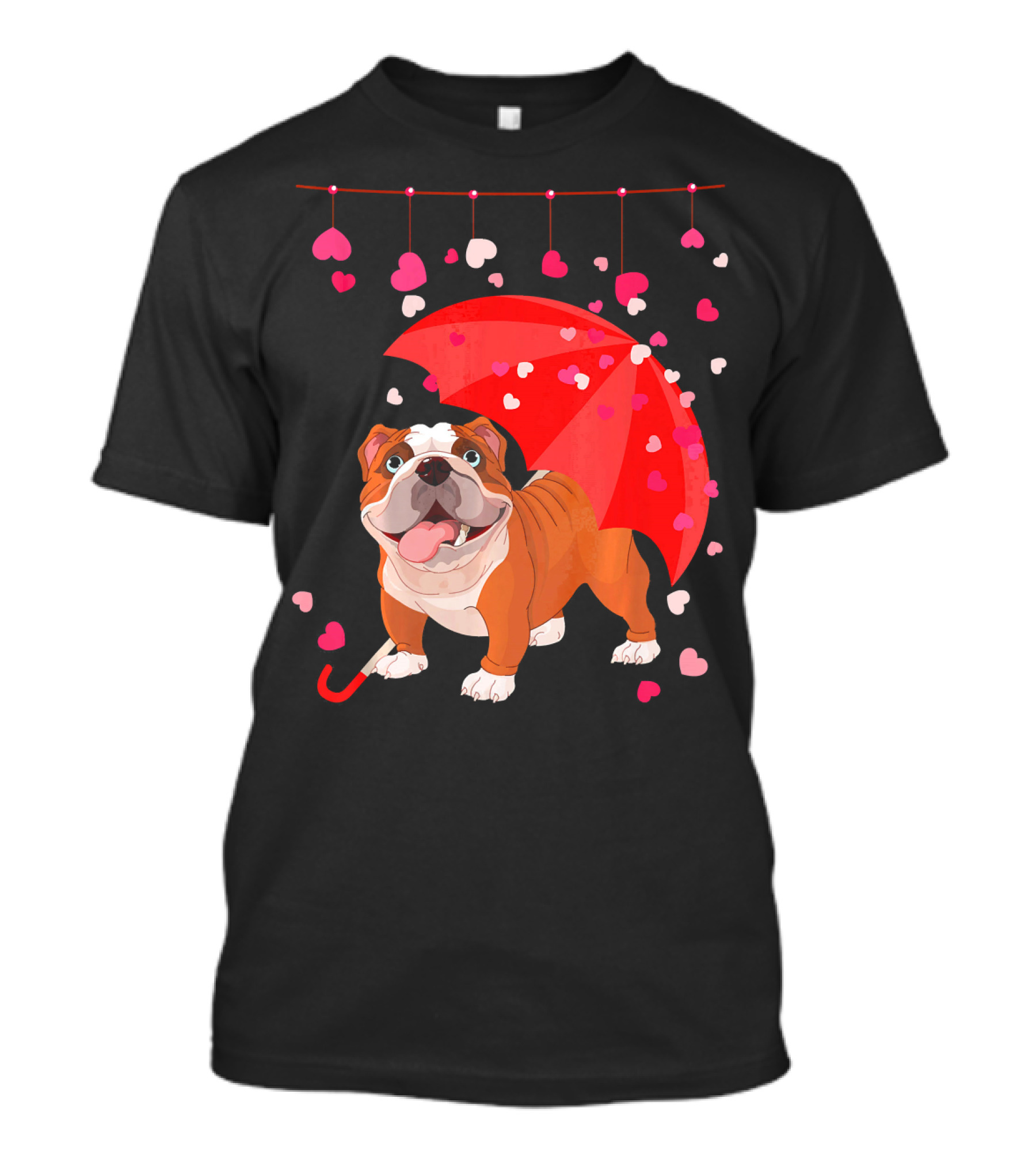 French Bulldog Raining Hearts Under Red Umbrella Valentines T-Shirt