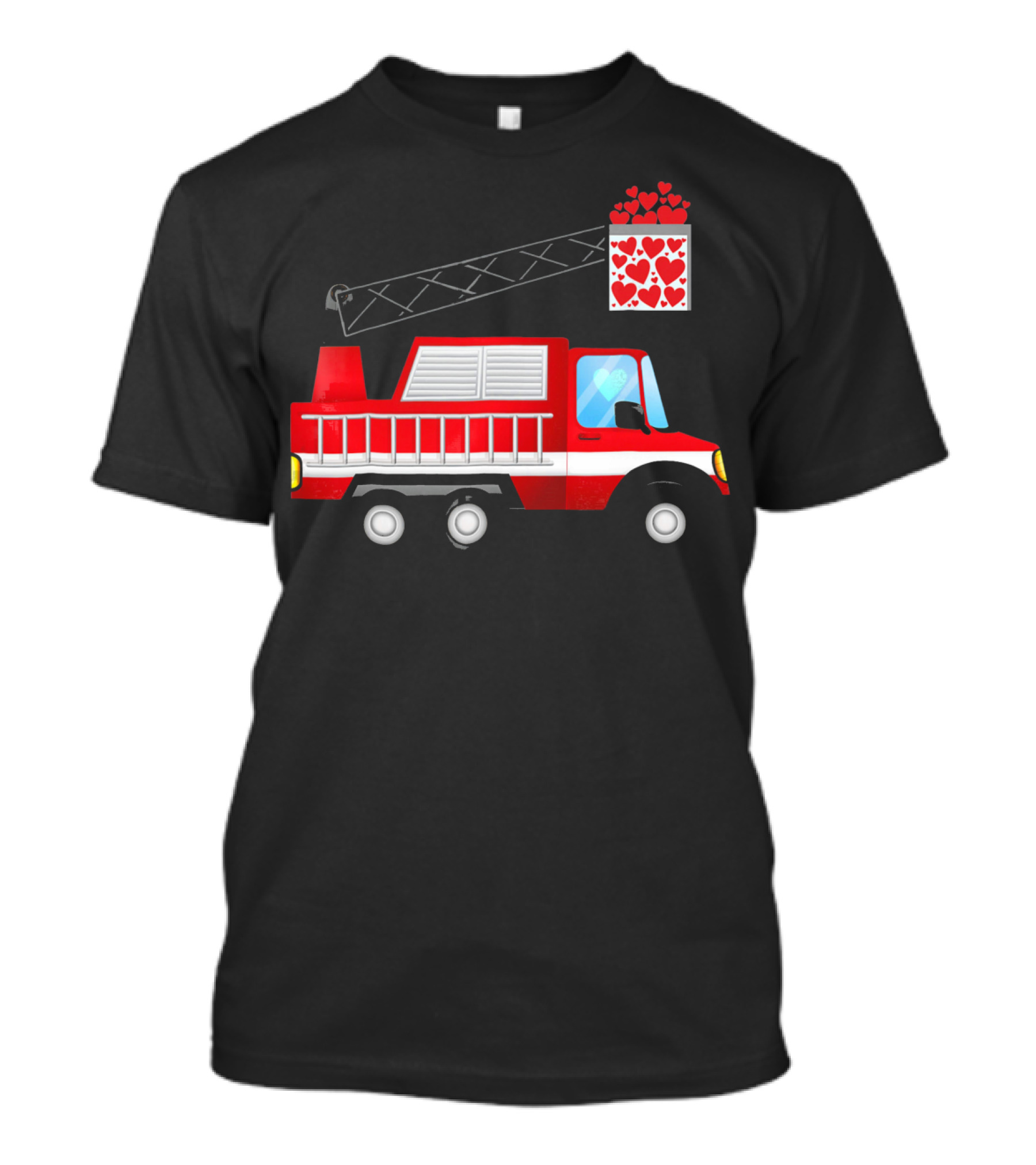 Valentine Hearts Fire Truck With Ladder And Firefighter Emblem T-Shirt