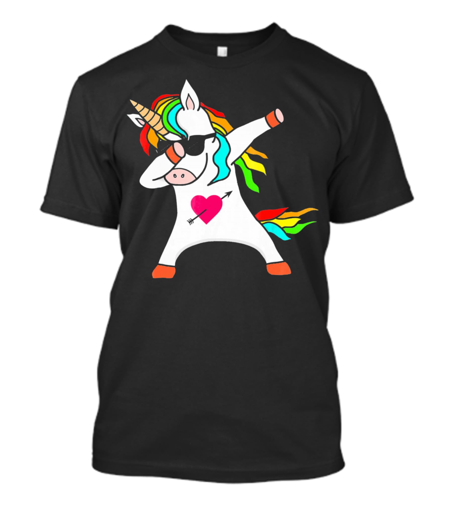 Funny Heart Valentines Day Dabbing Unicorn With Rainbow Mane And Sunglasses T-Shirt