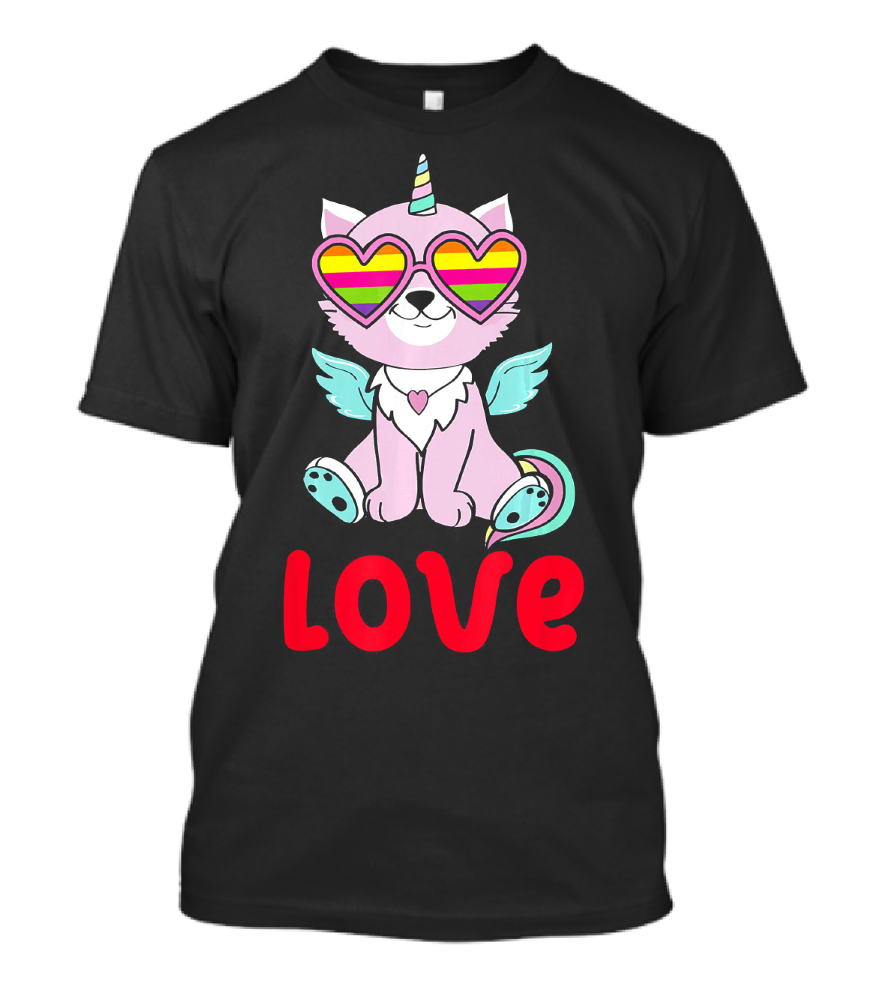 Valentines Day Love Heart Caticorn With Rainbow Sunglasses T-Shirt