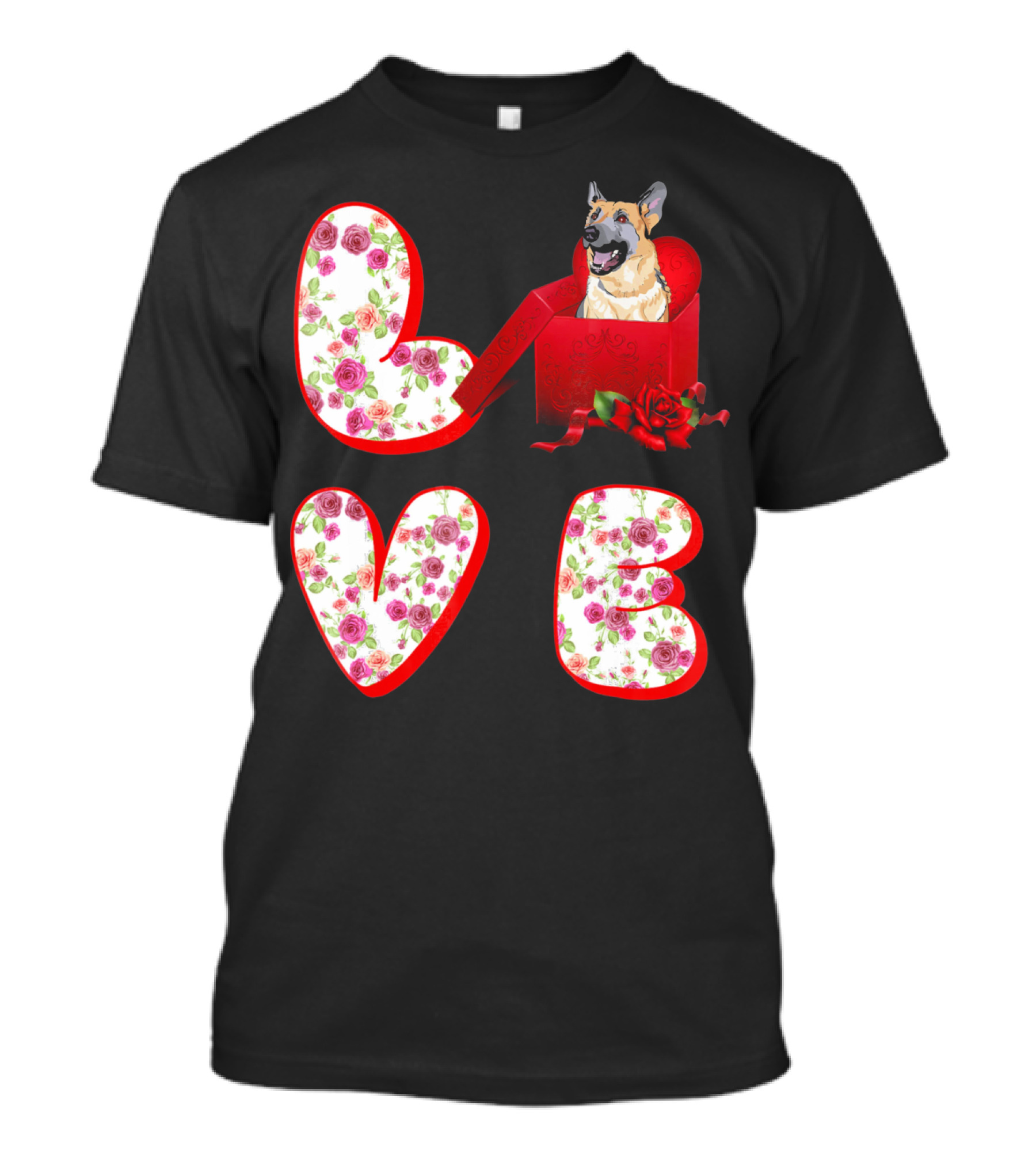Valentine Love With German Shepherd In Floral Heart T-Shirt