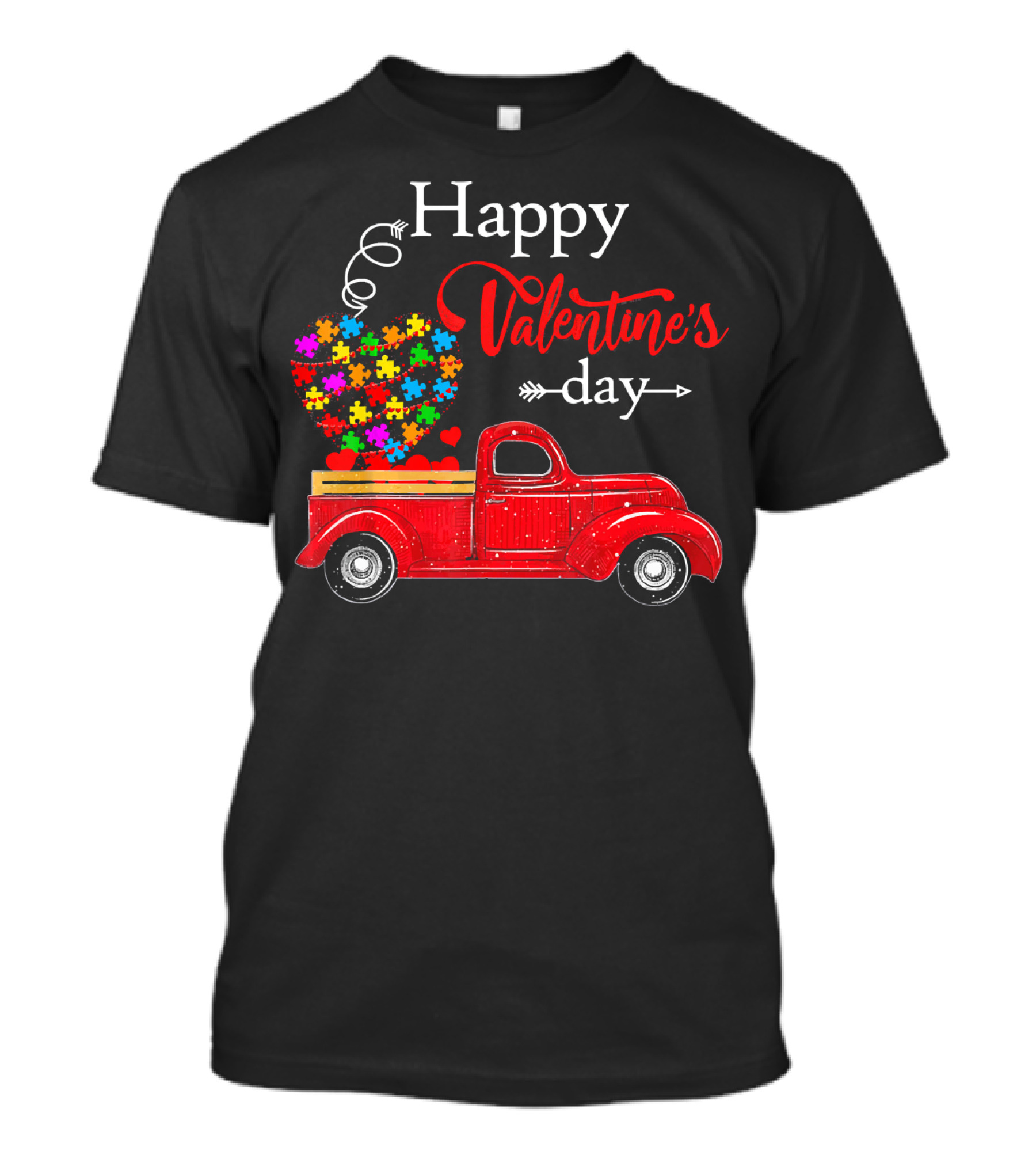 Happy Valentine's Day Truck With Colorful Heart Puzzles T-Shirt