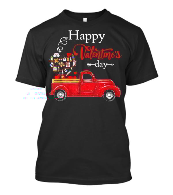 Happy Valentine's Day Red Truck With Heart-Shaped Balloons And Gifts T-Shirt