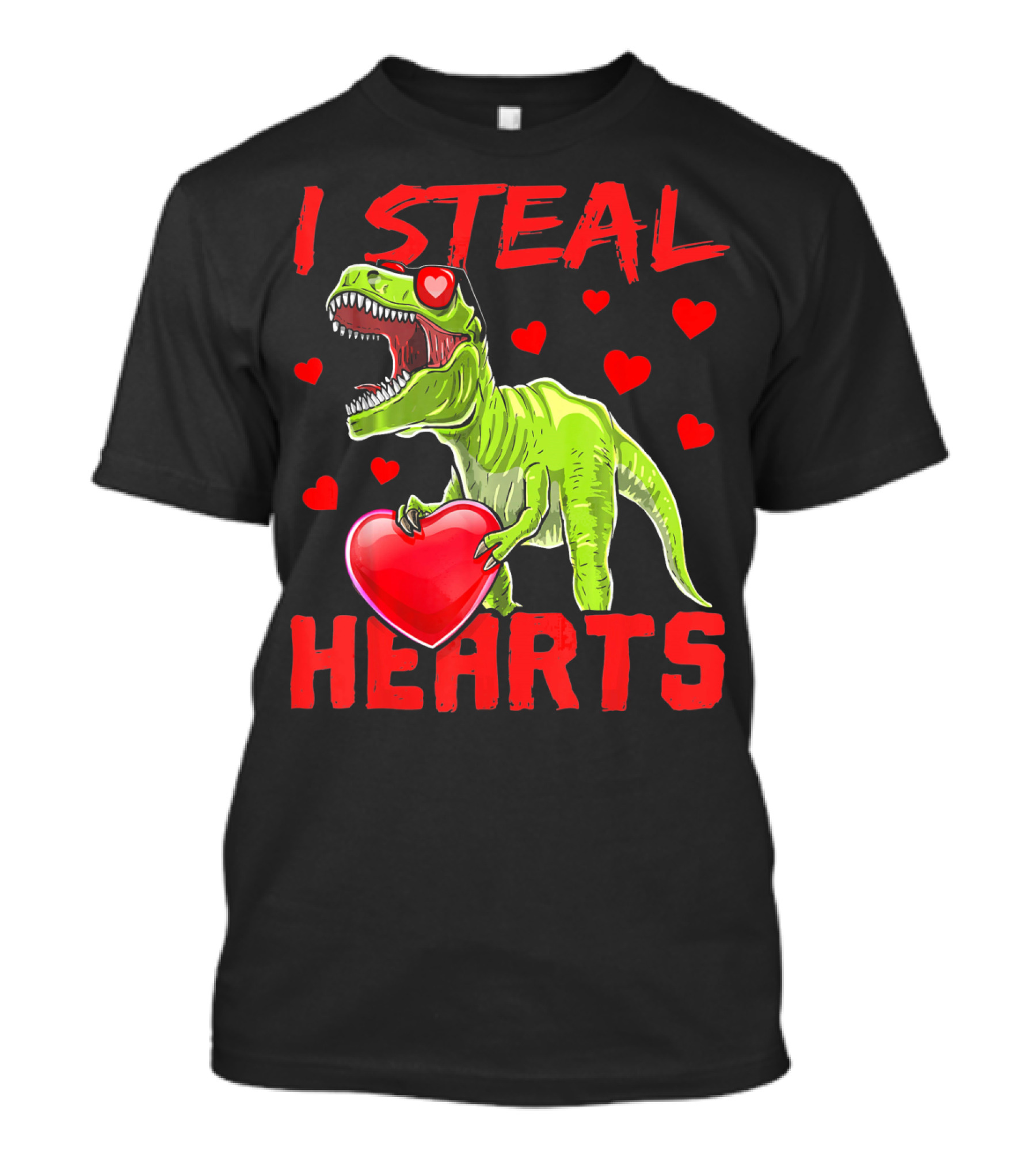 I Steal Hearts Valentines Day Rex Dino Holding Heart Surrounded By Hearts T-Shirt