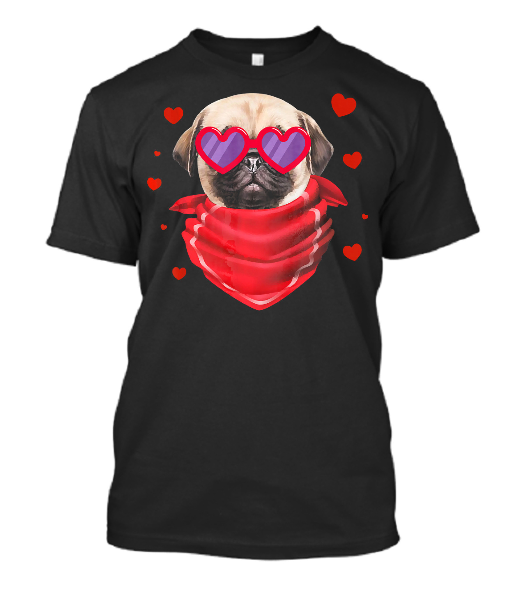 Pug Valentines Day Heart-Shaped Glasses And Bandana With Hearts T-Shirt