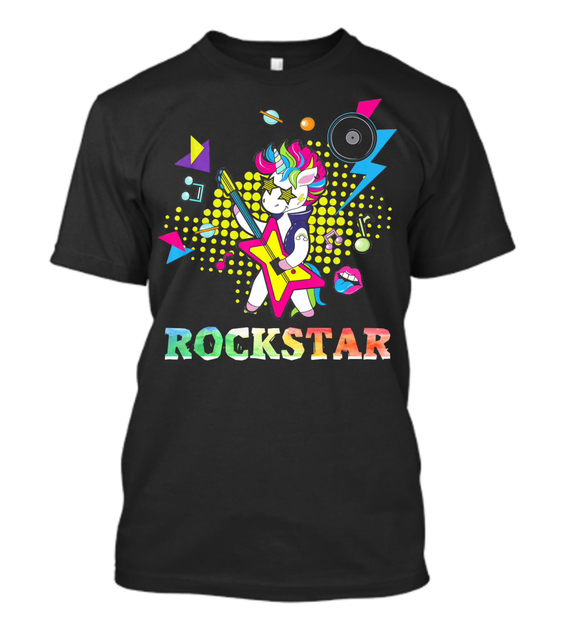 Unicorn Rock Star With Guitar Colorful Music Elements And Neon Symbols T-Shirt