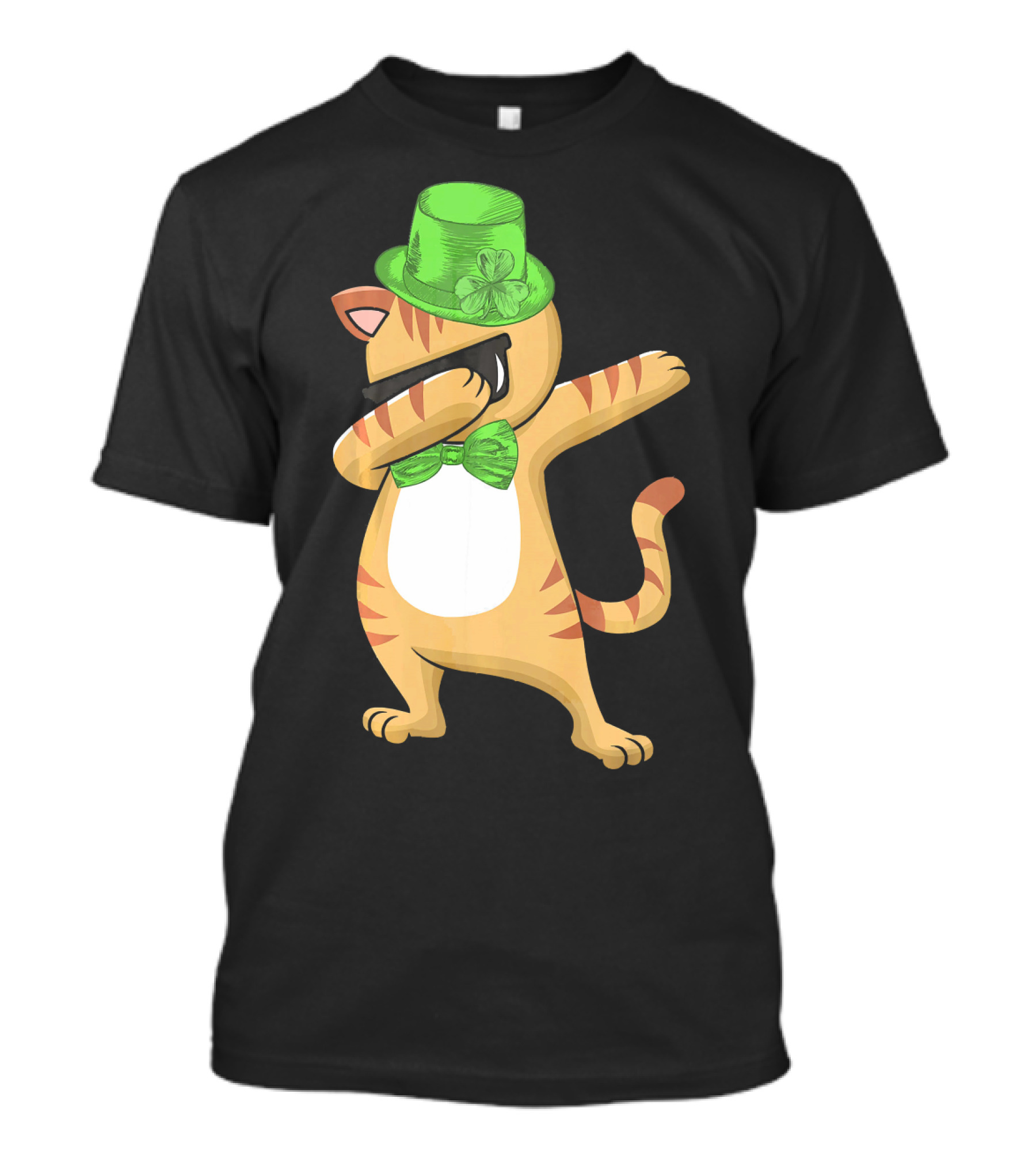 Dabbing Cat St Patricks Day Leprechaun Green Hat Clover Bow Tie T-Shirt