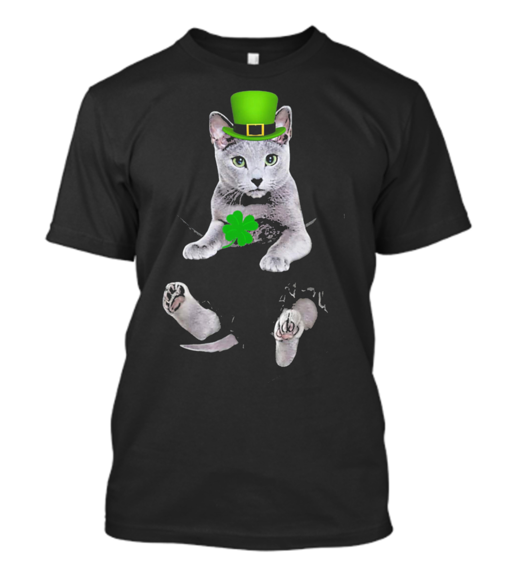 St Patricks Day Russian Blue Cat With Shamrock And Green Hat T-Shirt