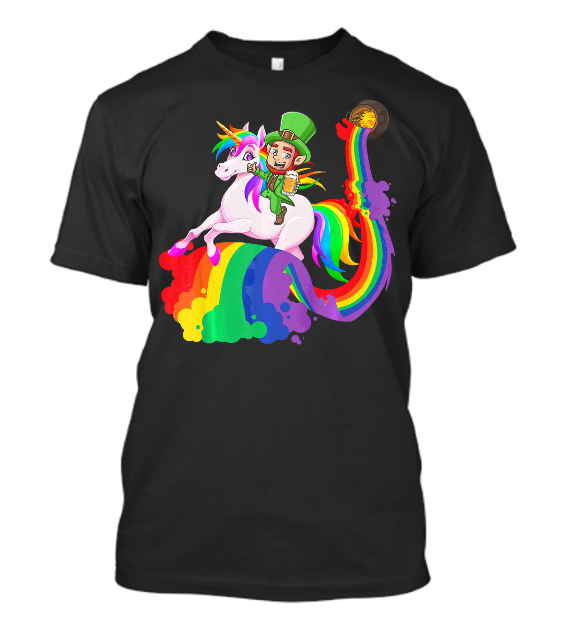 Patrick Leprechaun Riding Unicorn Rainbow With Beer And Pot Of Gold T-Shirt