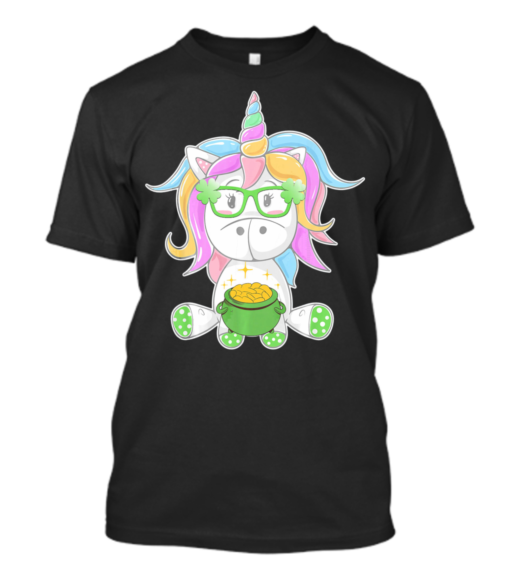 Unicorn Face Saint Patricks Day Shamrock Glasses Pot Of Gold T-Shirt