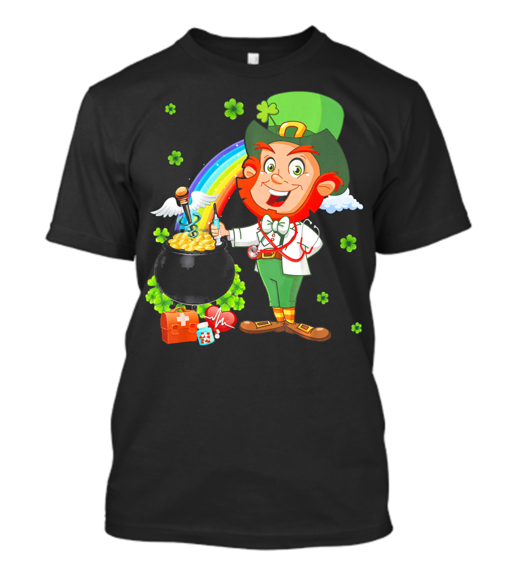 Lucky Medical Scrub Nurse Doctor Leprechaun With Pot Of Gold And Rainbow T-Shirt