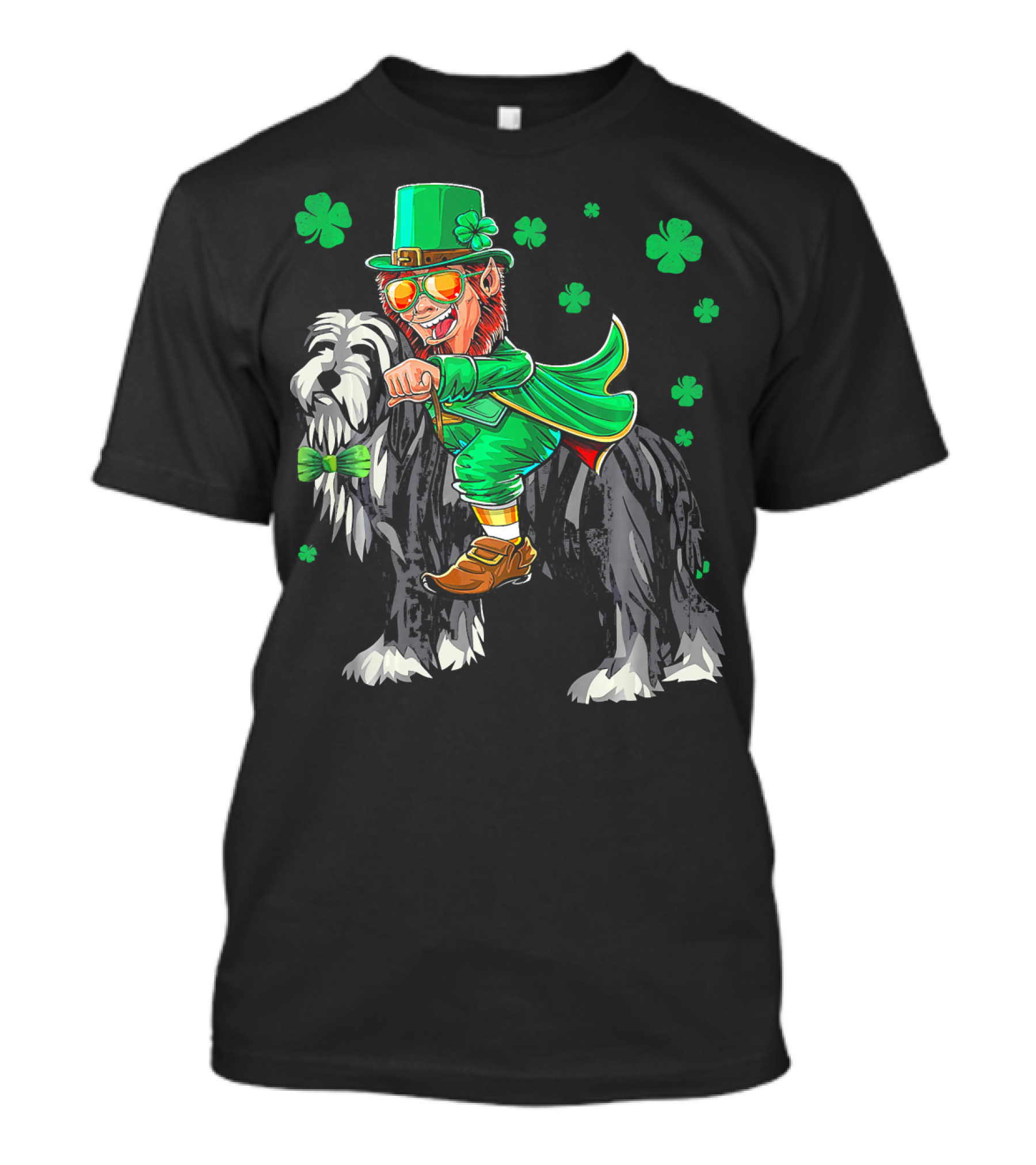 Leprechaun Riding Bearded Collie With Shamrocks T-Shirt