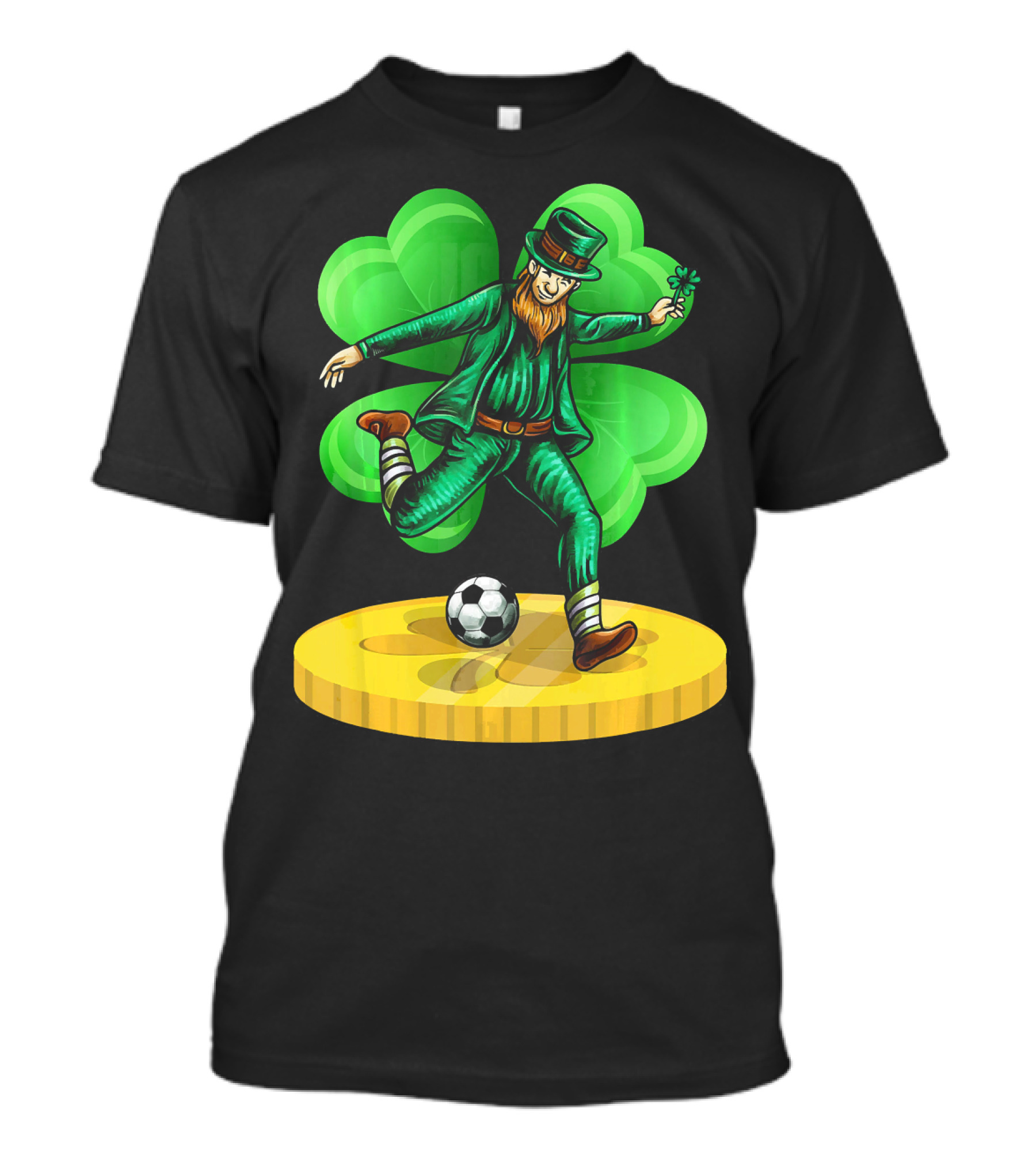 Leprechaun Kicking Soccer Ball On Gold Coin With Shamrock Background T-Shirt