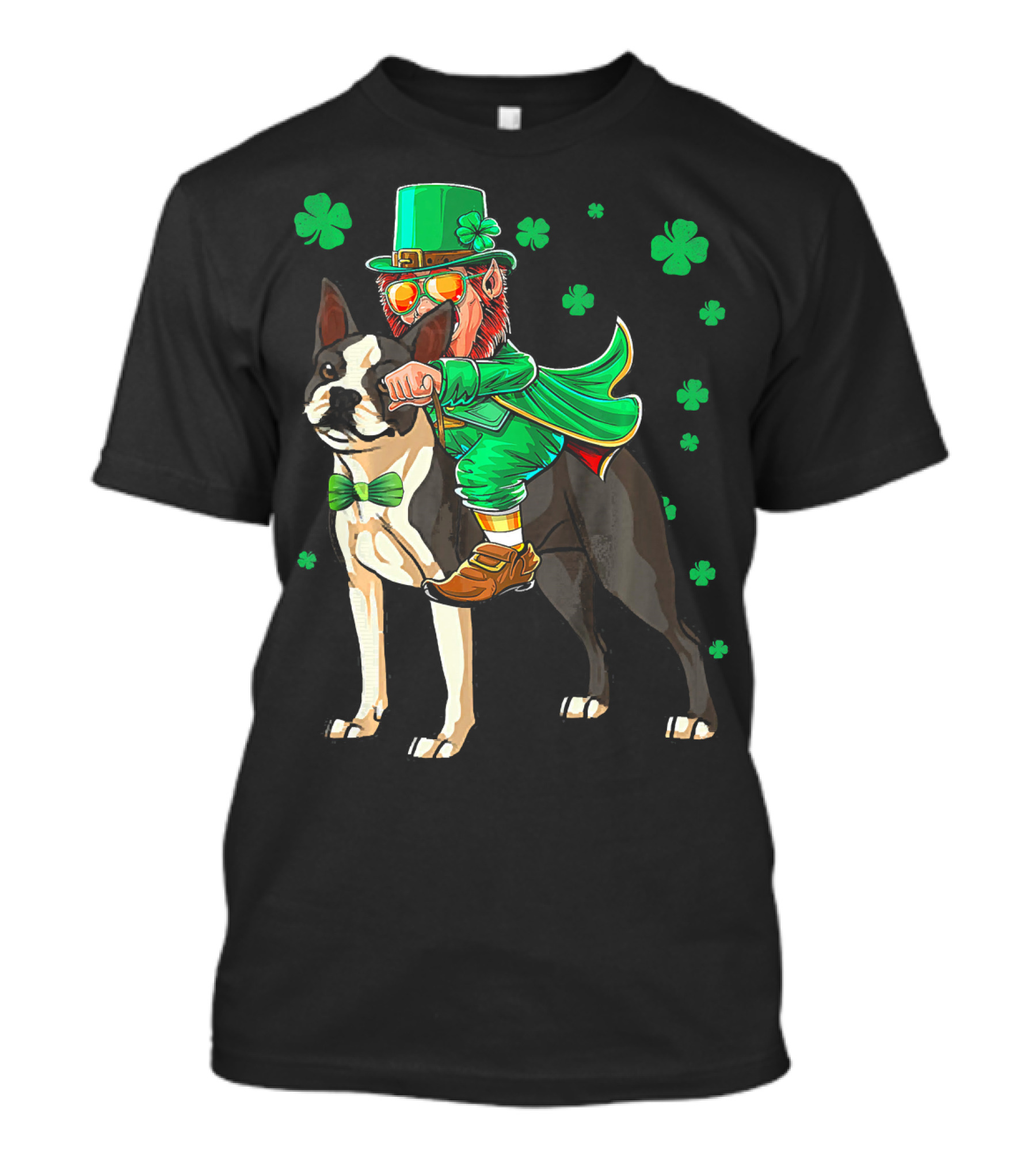 Leprechaun Riding Boston Terrier With Shamrock Accents T-Shirt