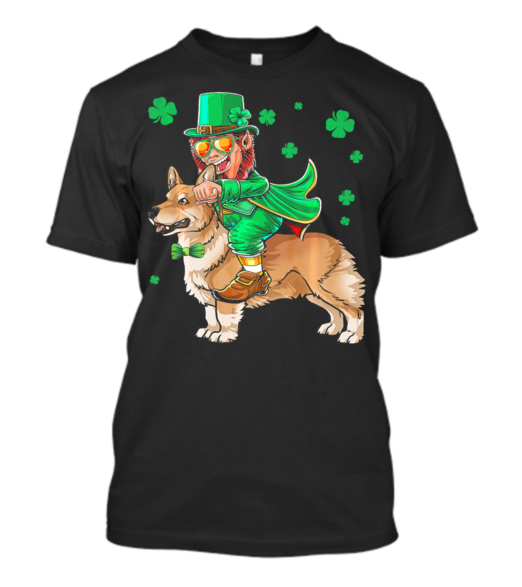 Leprechaun Riding Pembroke Welsh Corgi With Shamrocks T-Shirt