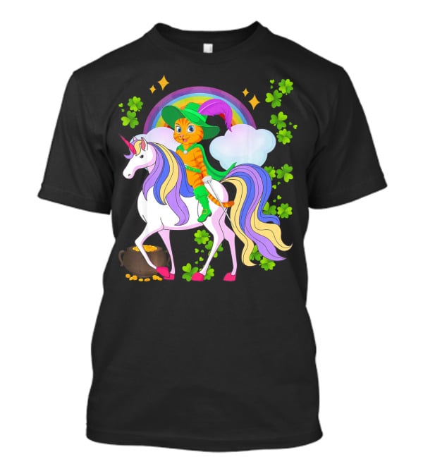 Leprechaun Cat Riding Unicorn With Rainbow And Shamrocks St Patrick Pot Of Gold T-Shirt