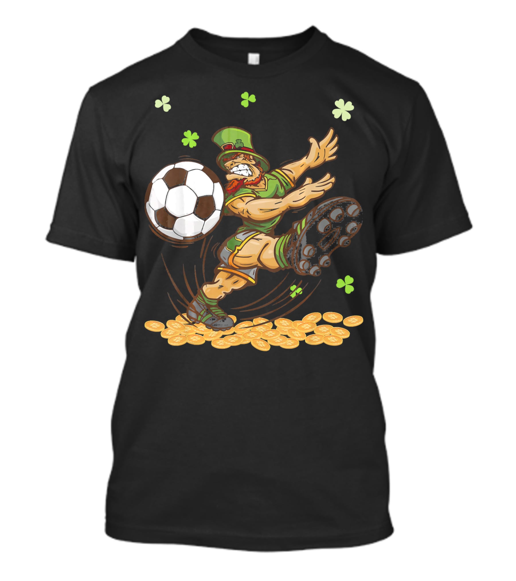 Leprechaun Playing Soccer Surrounded By Shamrocks And Gold Coins T-Shirt