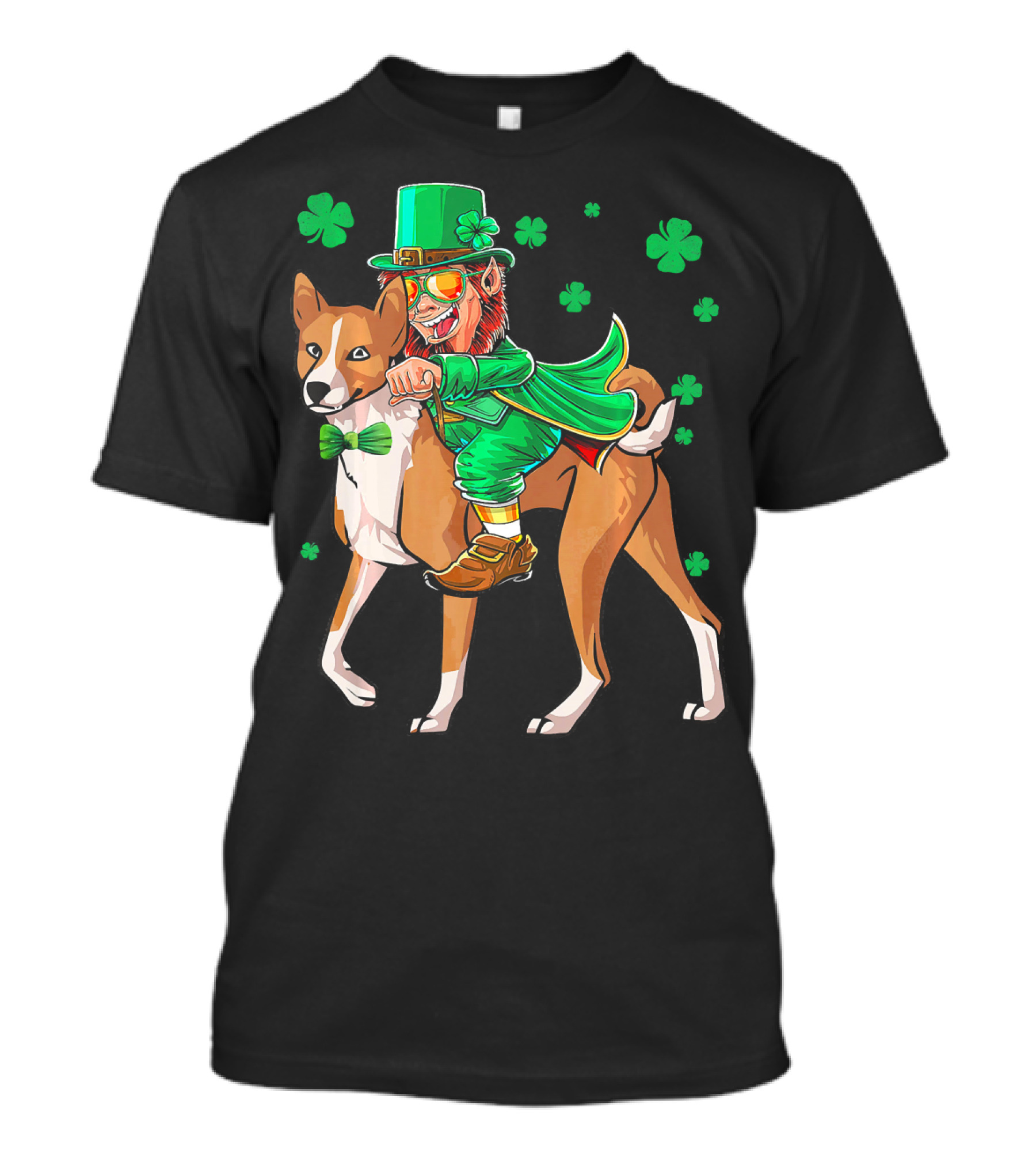 Leprechaun Riding Basenji With Shamrocks St Patricks T-Shirt