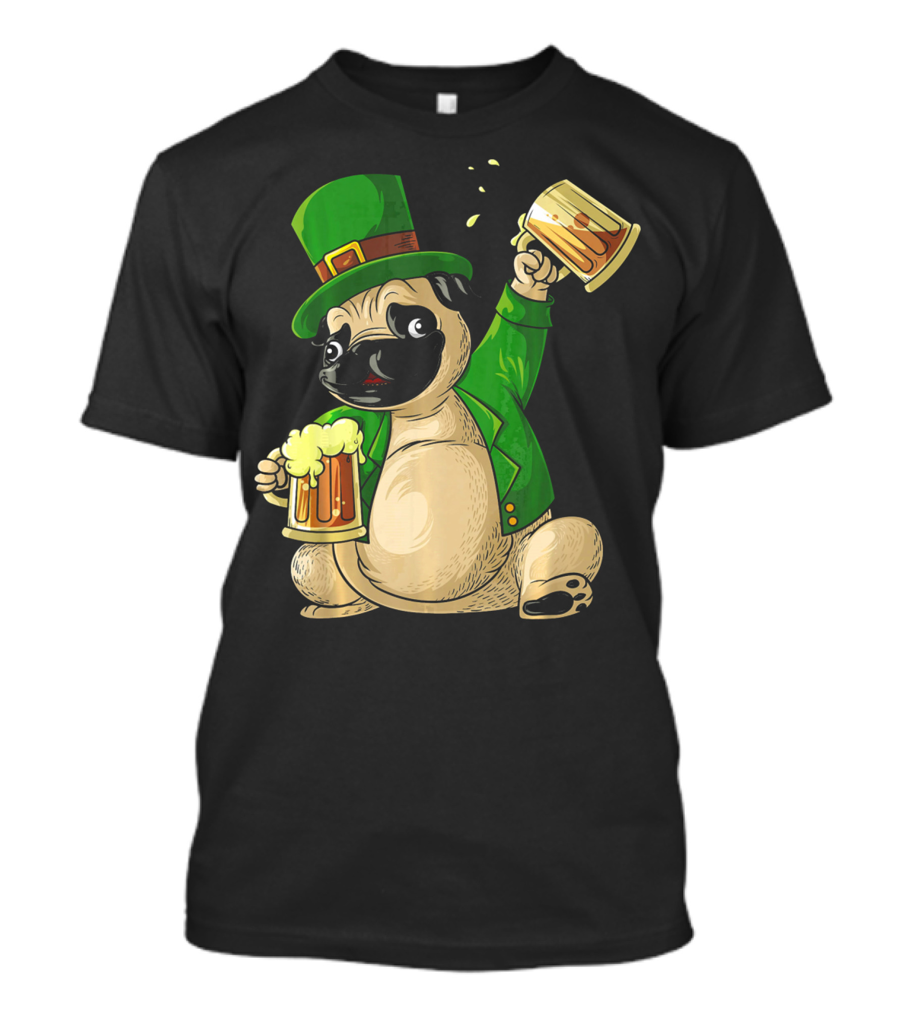 Irish Leprechaun Pug With Beer Mugs T-Shirt