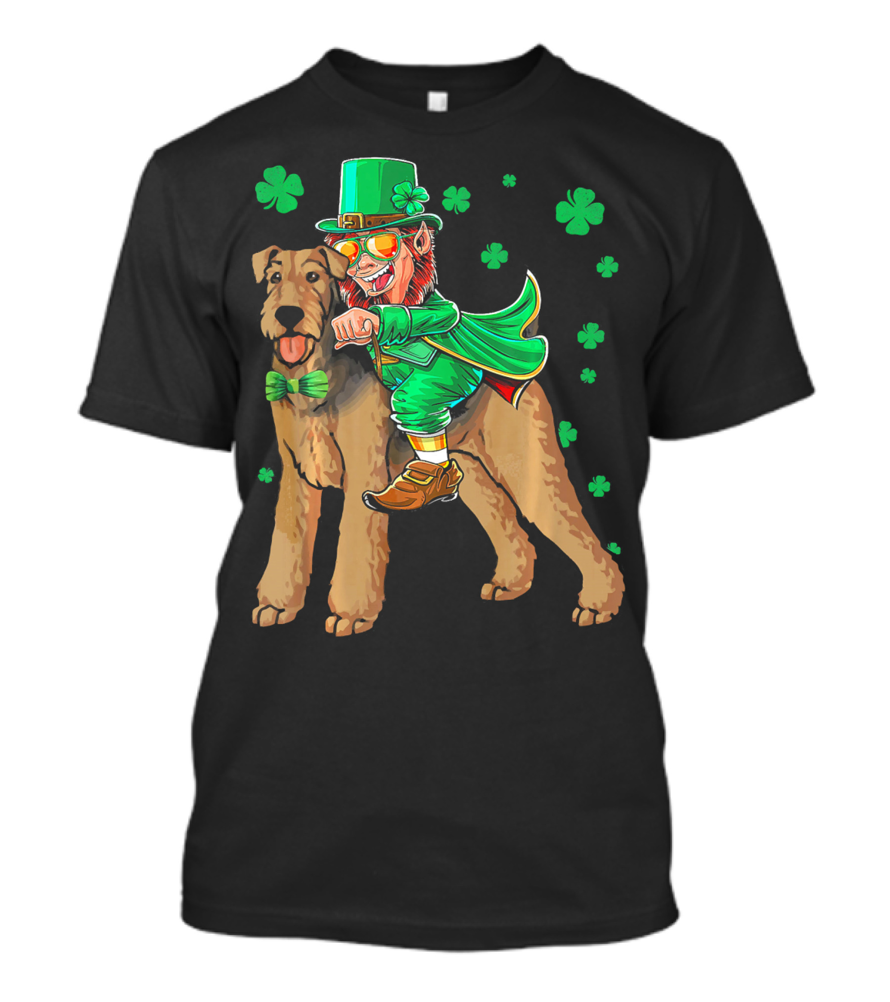 Leprechaun Riding Airedale Terrier With Shamrocks T-Shirt