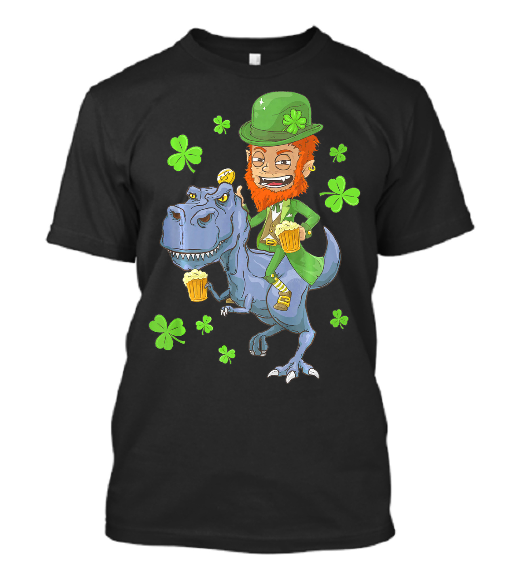 Leprechaun Irish Riding T-Rex Dinosaur With Shamrocks And Beer T-Shirt