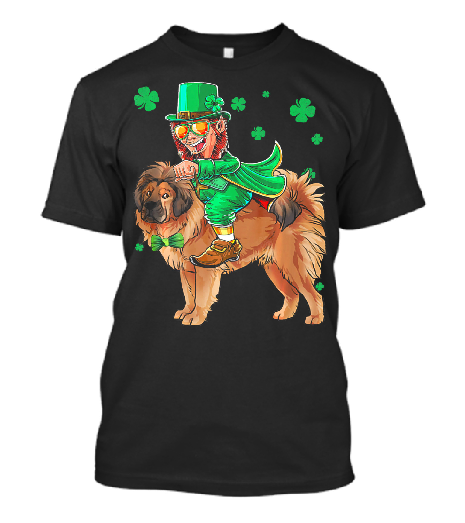 Leprechaun Riding Tibetan Mastiff With Shamrocks T-Shirt