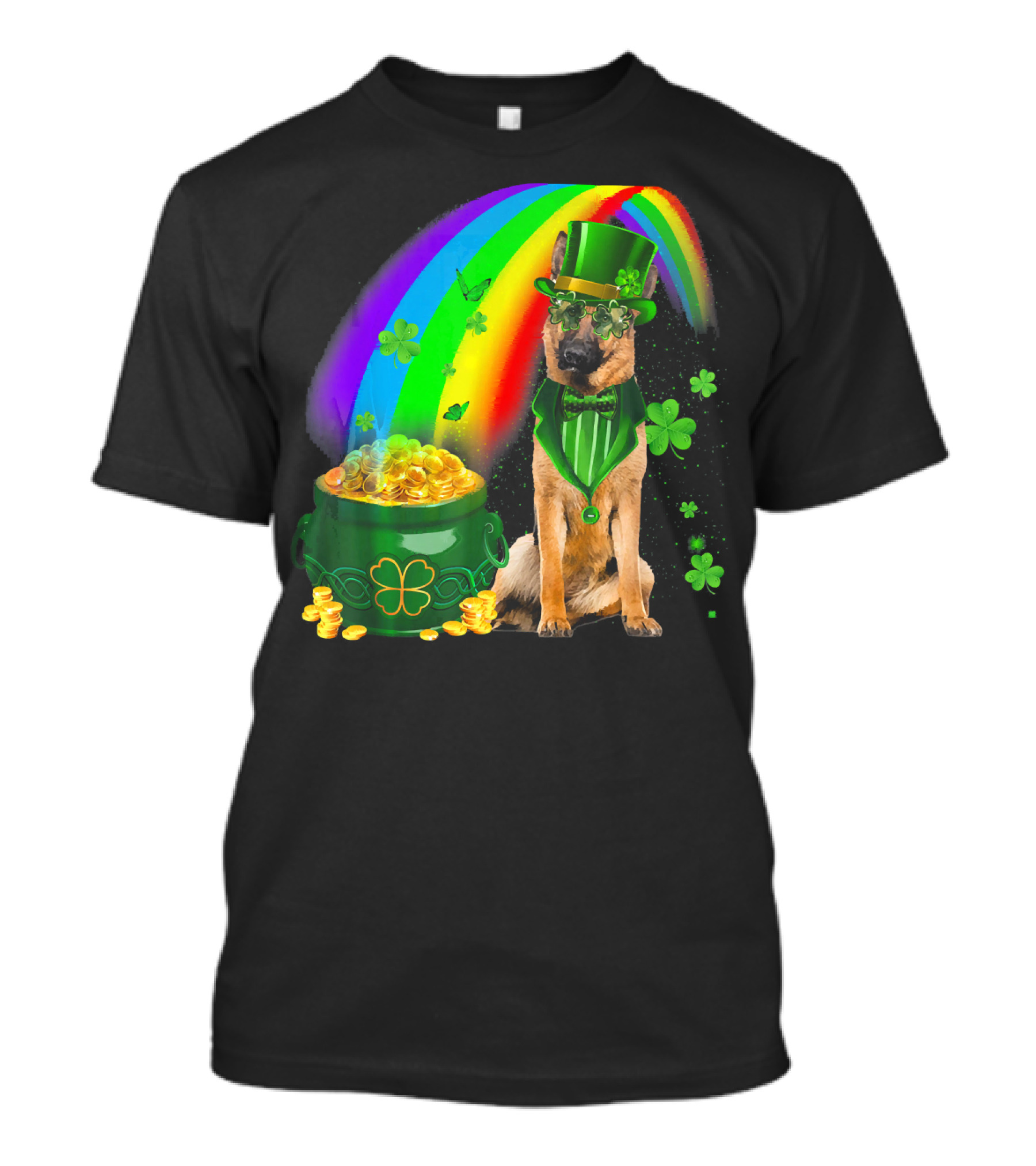 German Shepherd Irish Leprechaun Rainbow Pot Of Gold Shamrock T-Shirt