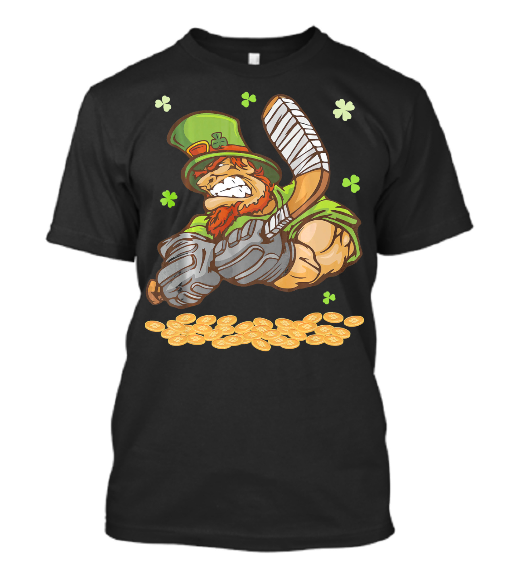 Leprechaun Swinging Hockey Stick Surrounded By Shamrocks And Gold Coins T-Shirt