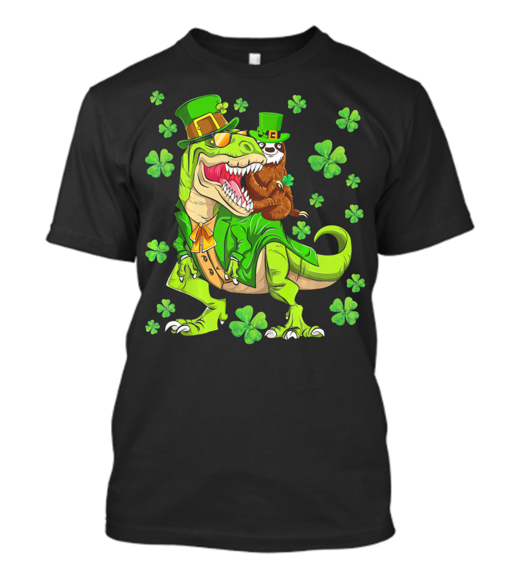 Leprechaun Sloth With Shamrocks Riding Dinosaur Rex In Green Attire T-Shirt