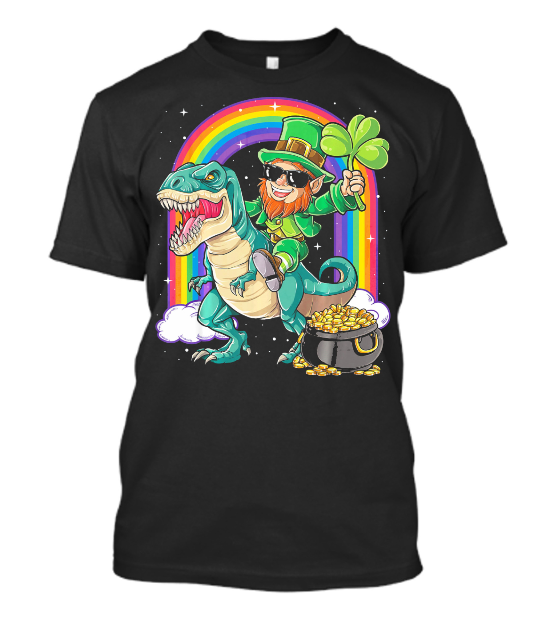 Leprechaun Riding Dinosaur T-Rex Shamrock Rainbow Pot Of Gold St Pat's Day T-Shirt