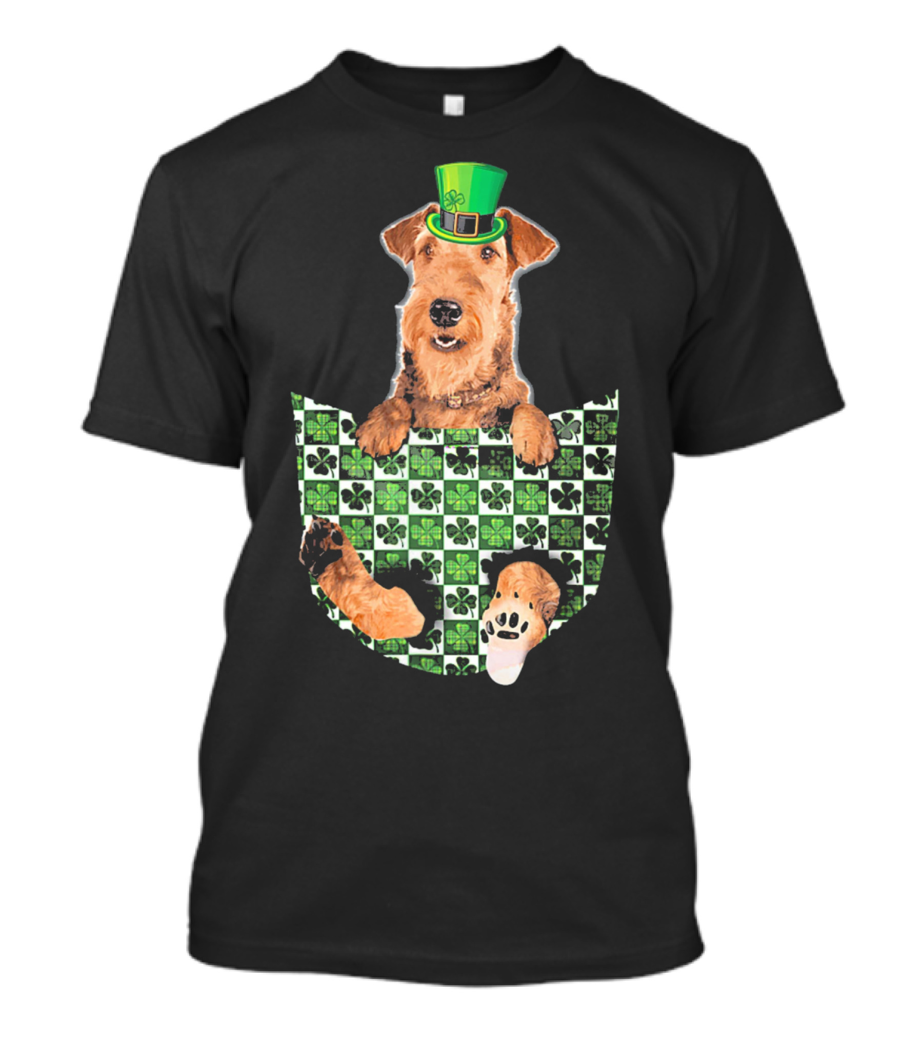 Airedale Terrier Pocket Patrick Hat Green Shamrocks T-Shirt