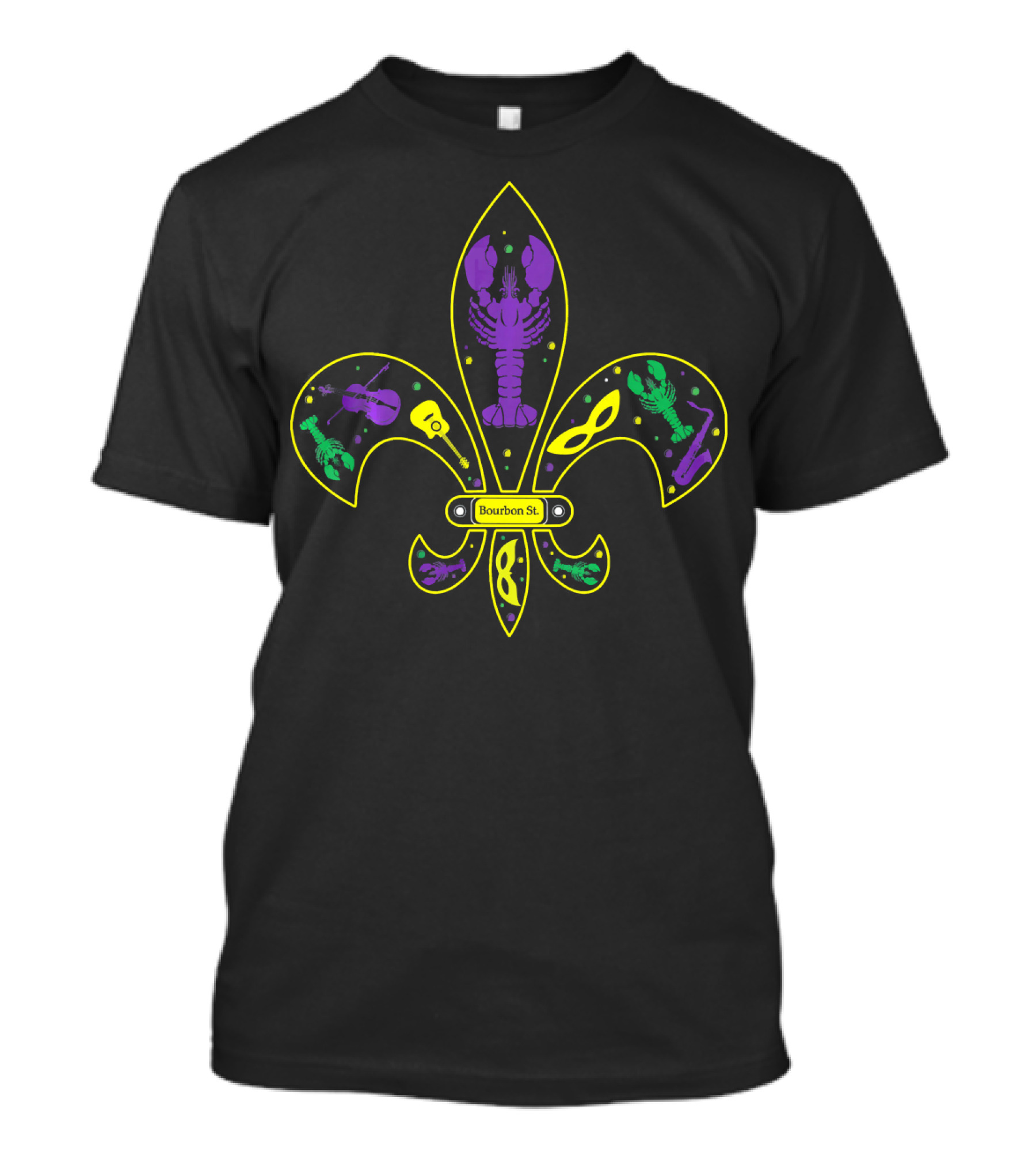 Mardi Gras Bourbon St Fleur-de-Lis Crawfish Violin Mask Skeleton T-Shirt