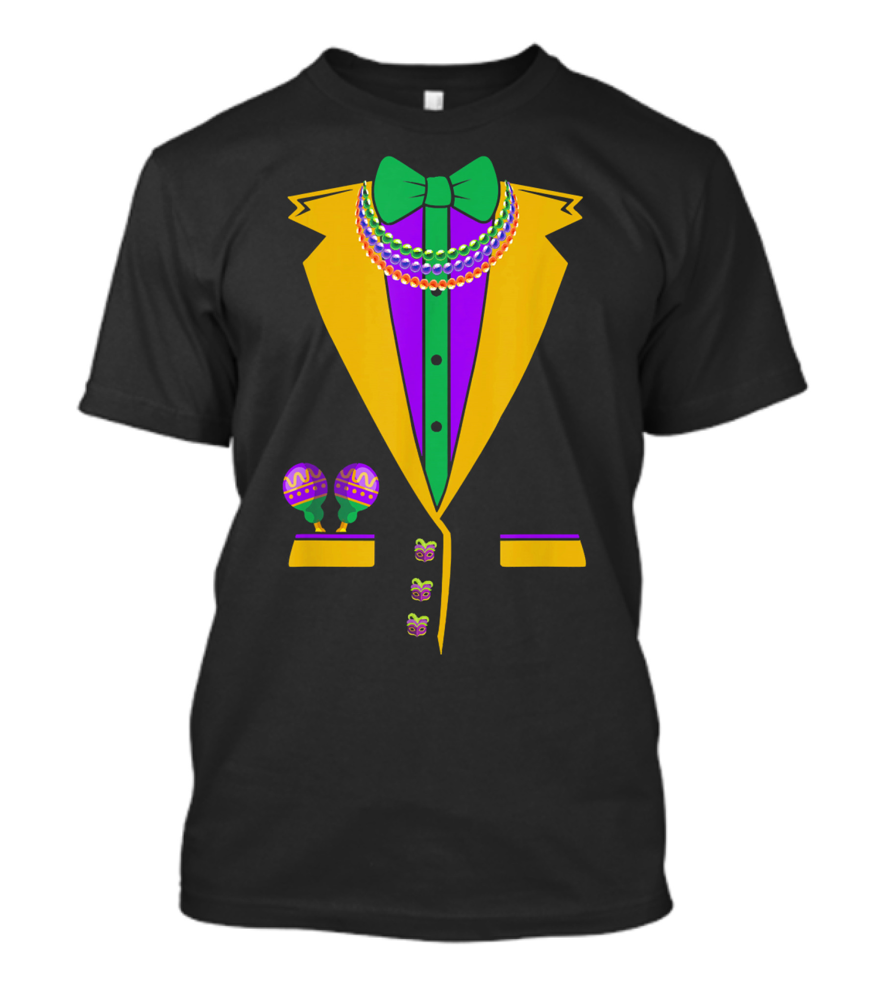 Tuxedo Vest Mardi Gras Beads Bowtie Maracas Costume T-Shirt