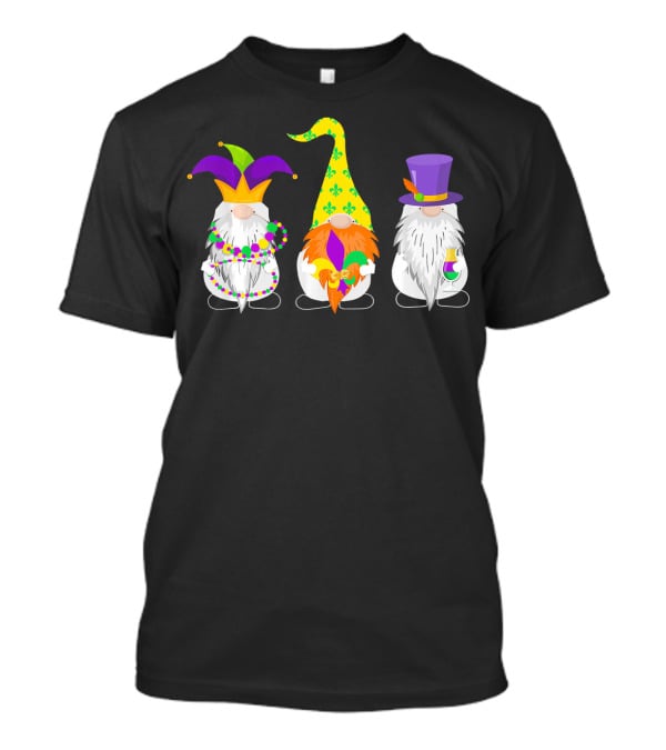 Cute Nordic Three Gnomes Mardi Gras Jester Beads Hats Fleur-de-Lis T-Shirt
