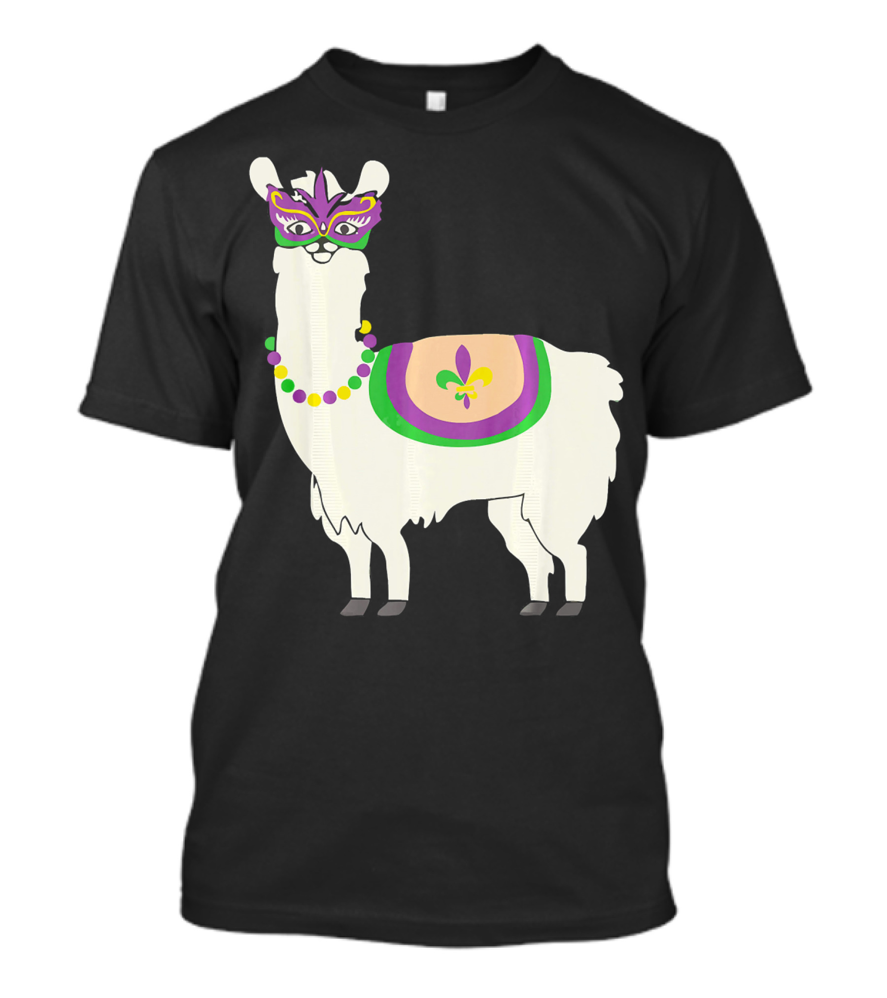 Mardi Gras Llama With Fleur-de-Lis Beads And Mask For Funny Carnival Party T-Shirt