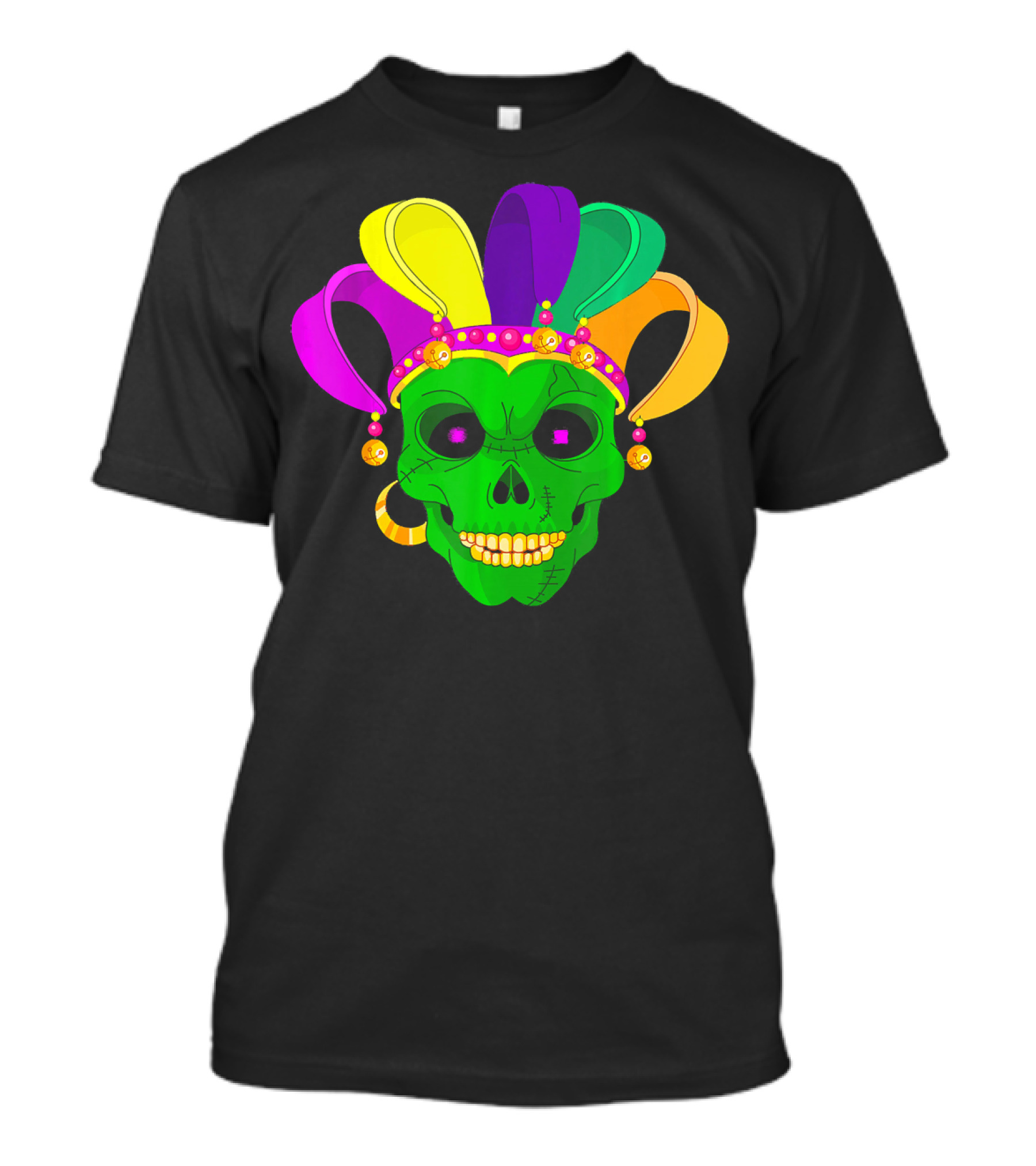 Skull Face Green Jester Hat Mardi Gras T-Shirt