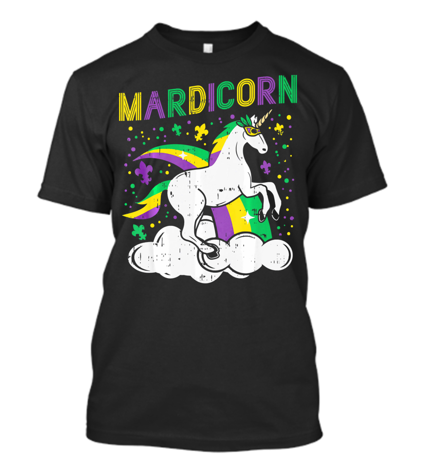 Mardicorn Retro Unicorn Jester Animal Mardi Gras Fleur-de-Lis Clouds T-Shirt