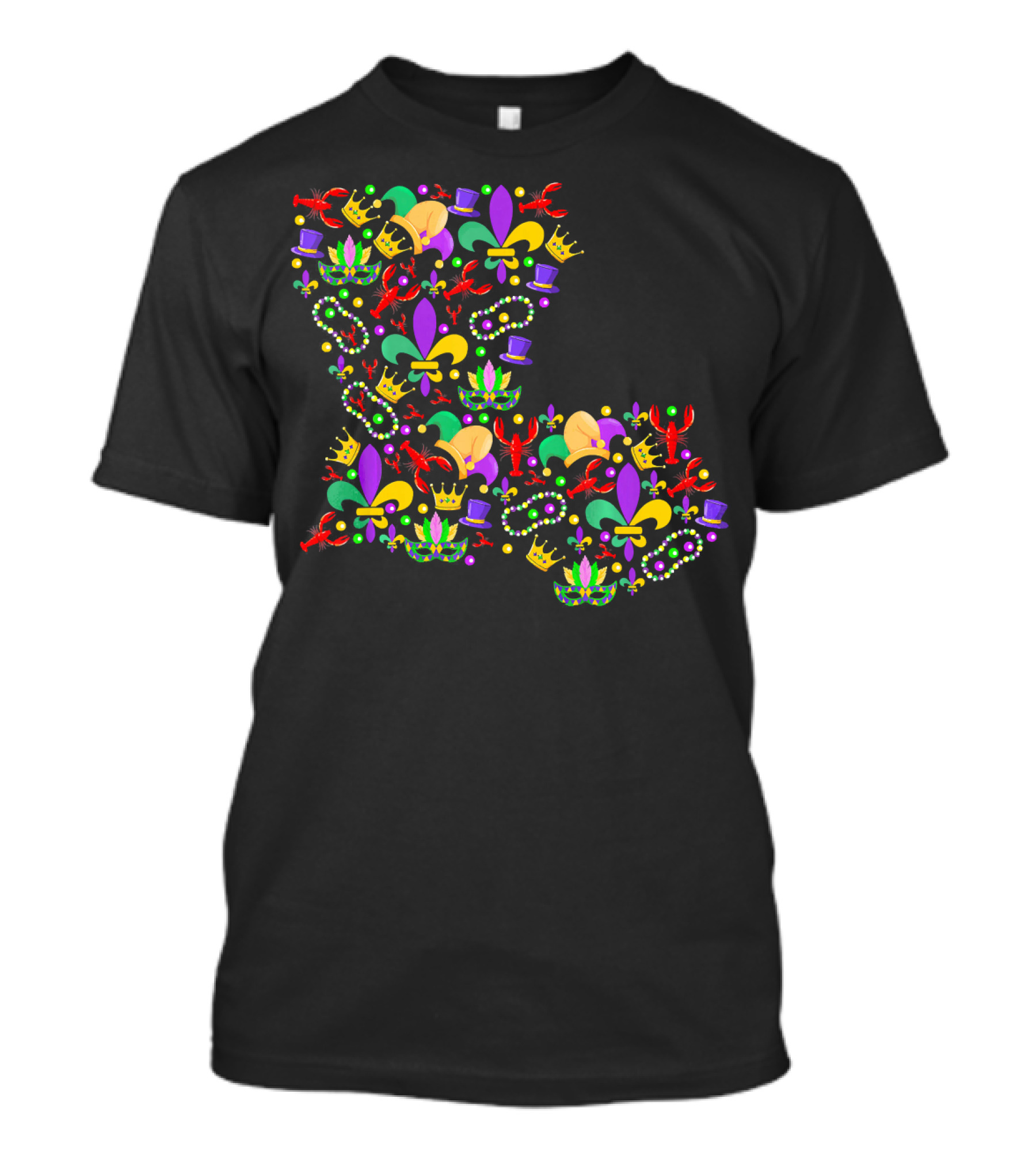 Mardi Gras Crawfish Fleur-de-Lis Beads Crowns Louisiana Map T-Shirt