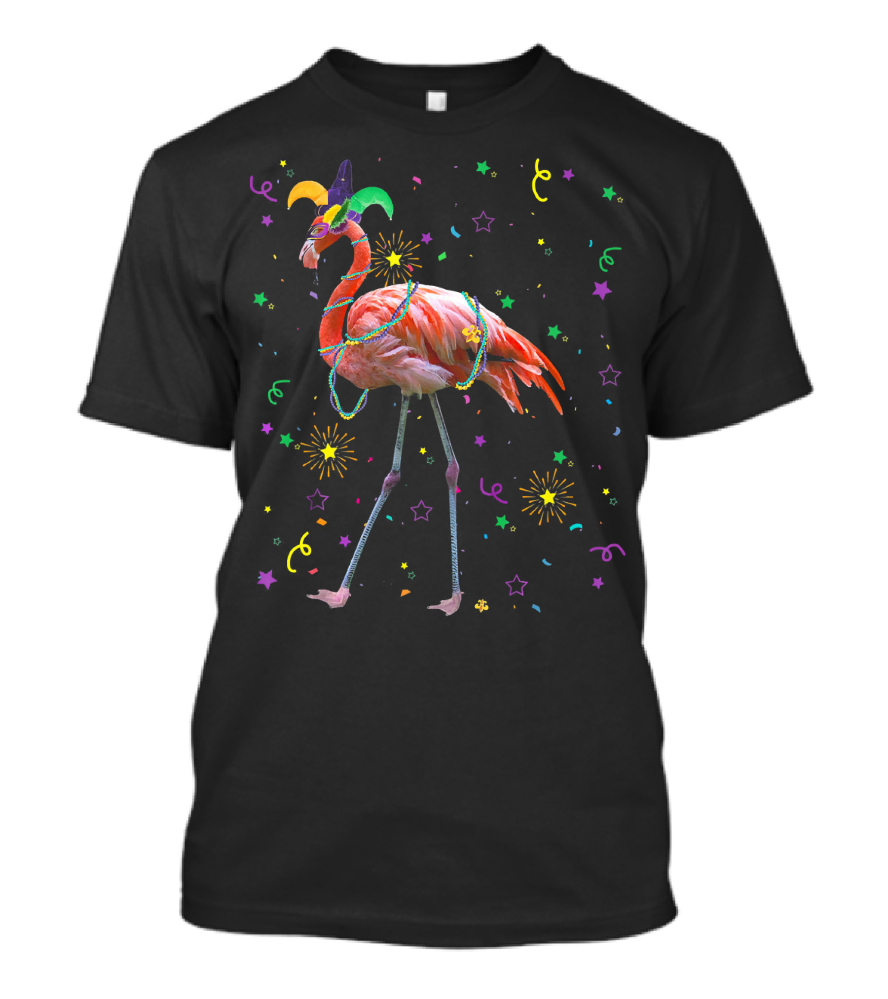 Flamingo Mardi Gras Carnival Festival Celebration With Jester Hat And Beads T-Shirt