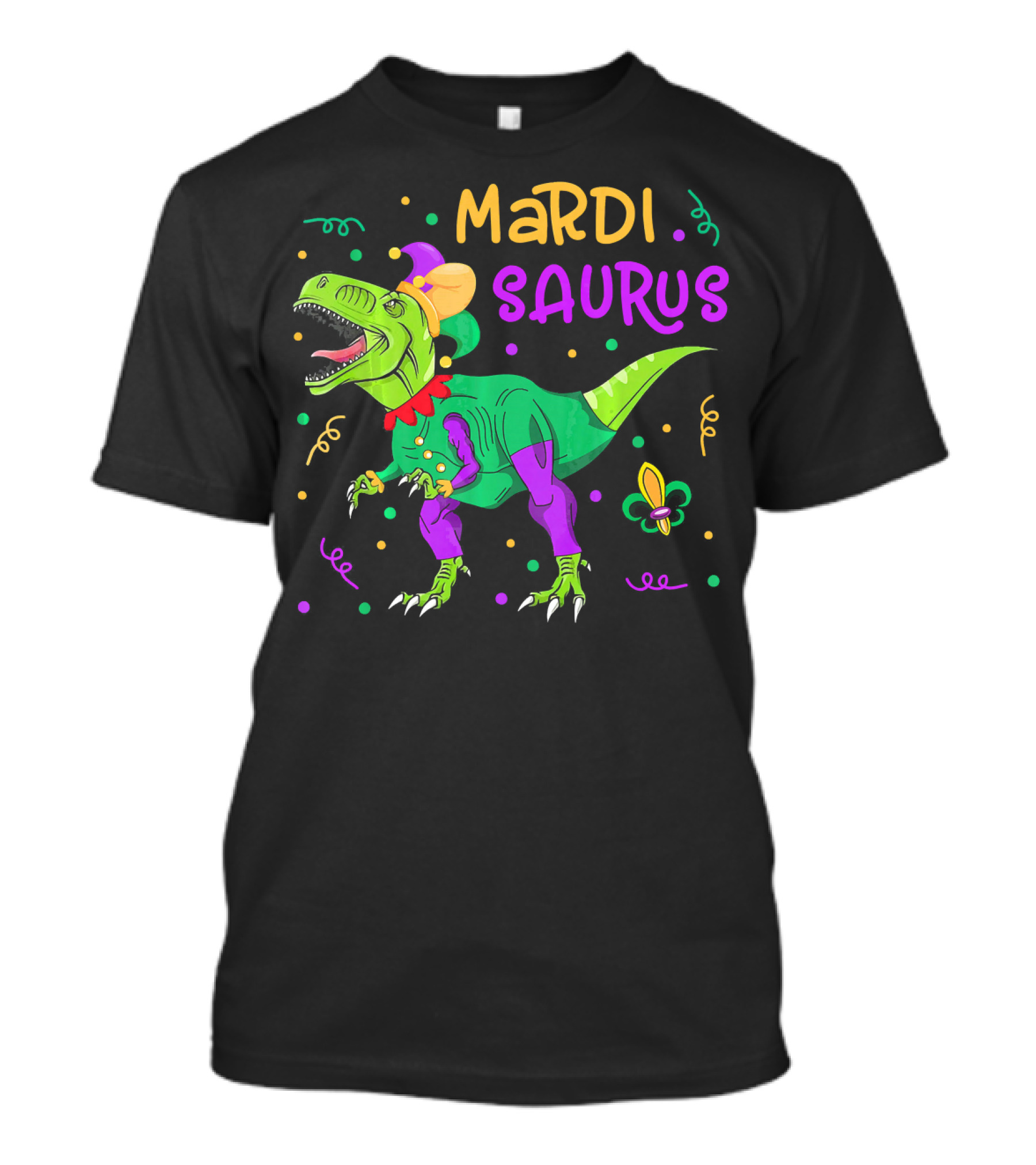 Mardisaurus Rex Dinosaur Mardi Gras Beads Jester Hat Fleur-de-Lis T-Shirt