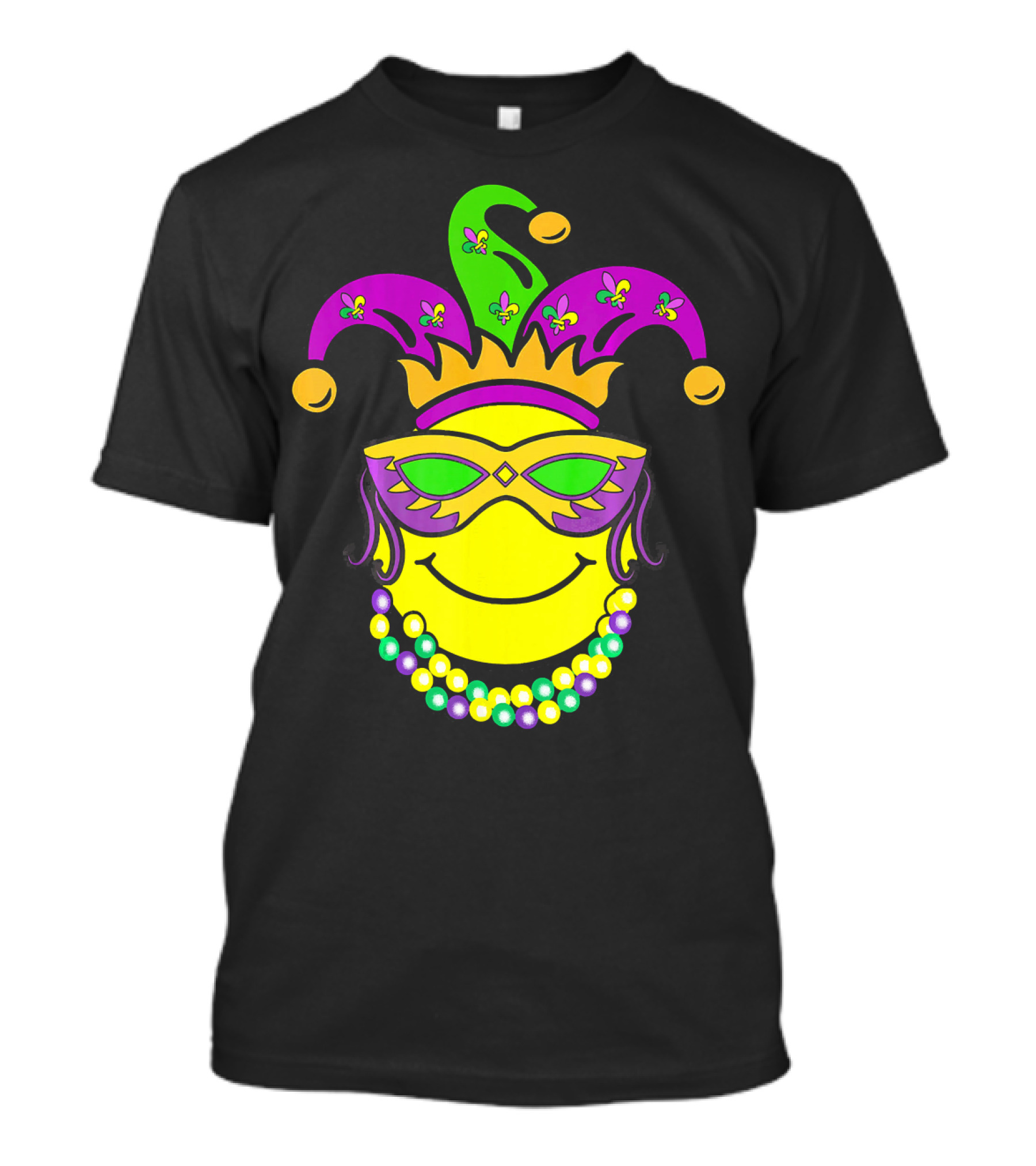 Mardi Gras Emoji Jester Mask Fleur-de-Lis Beads Funny Mardi Gras Lover T-Shirt