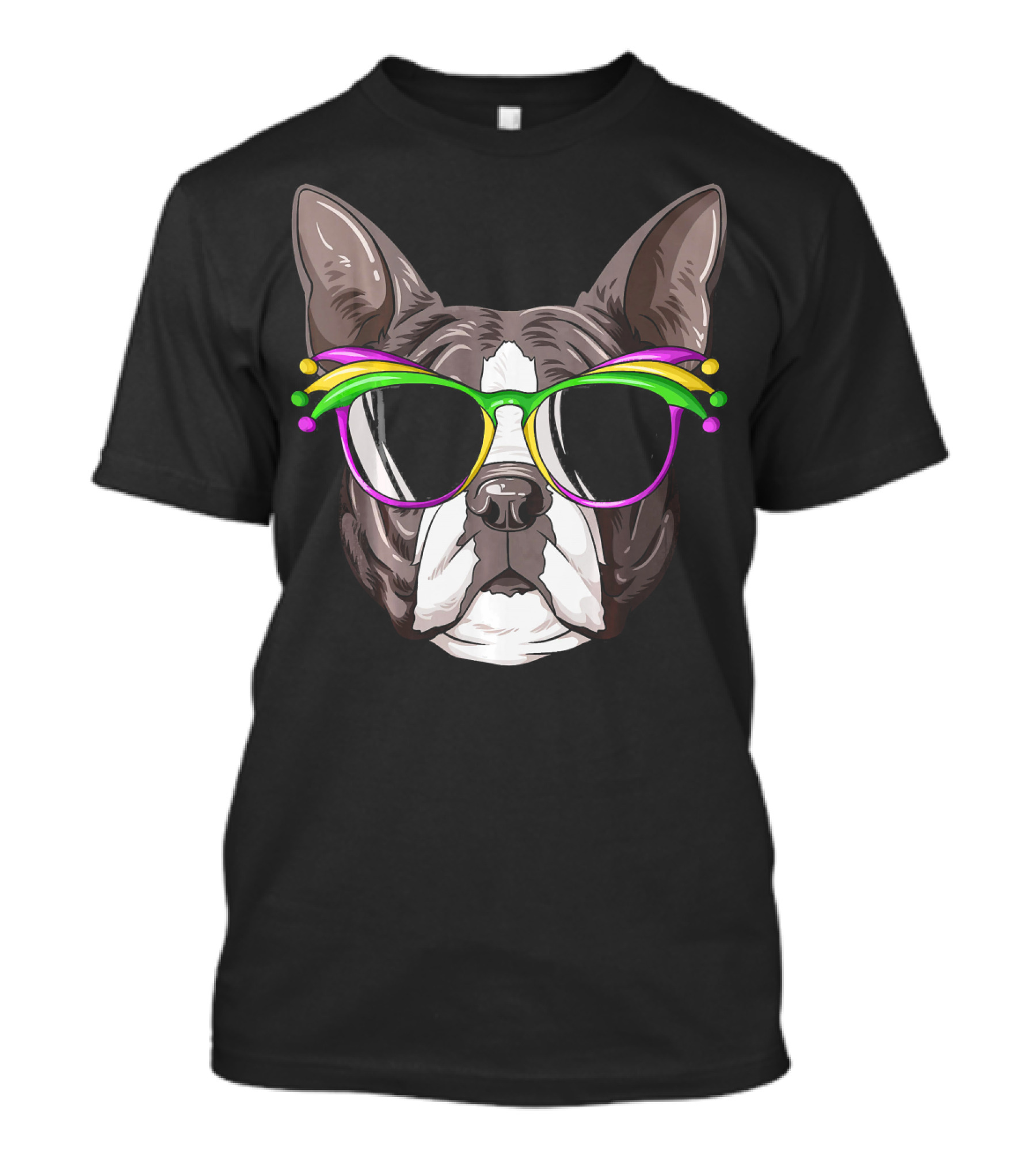 Boston Terrier With Colorful Mardi Gras Carnival Mask Glasses T-Shirt