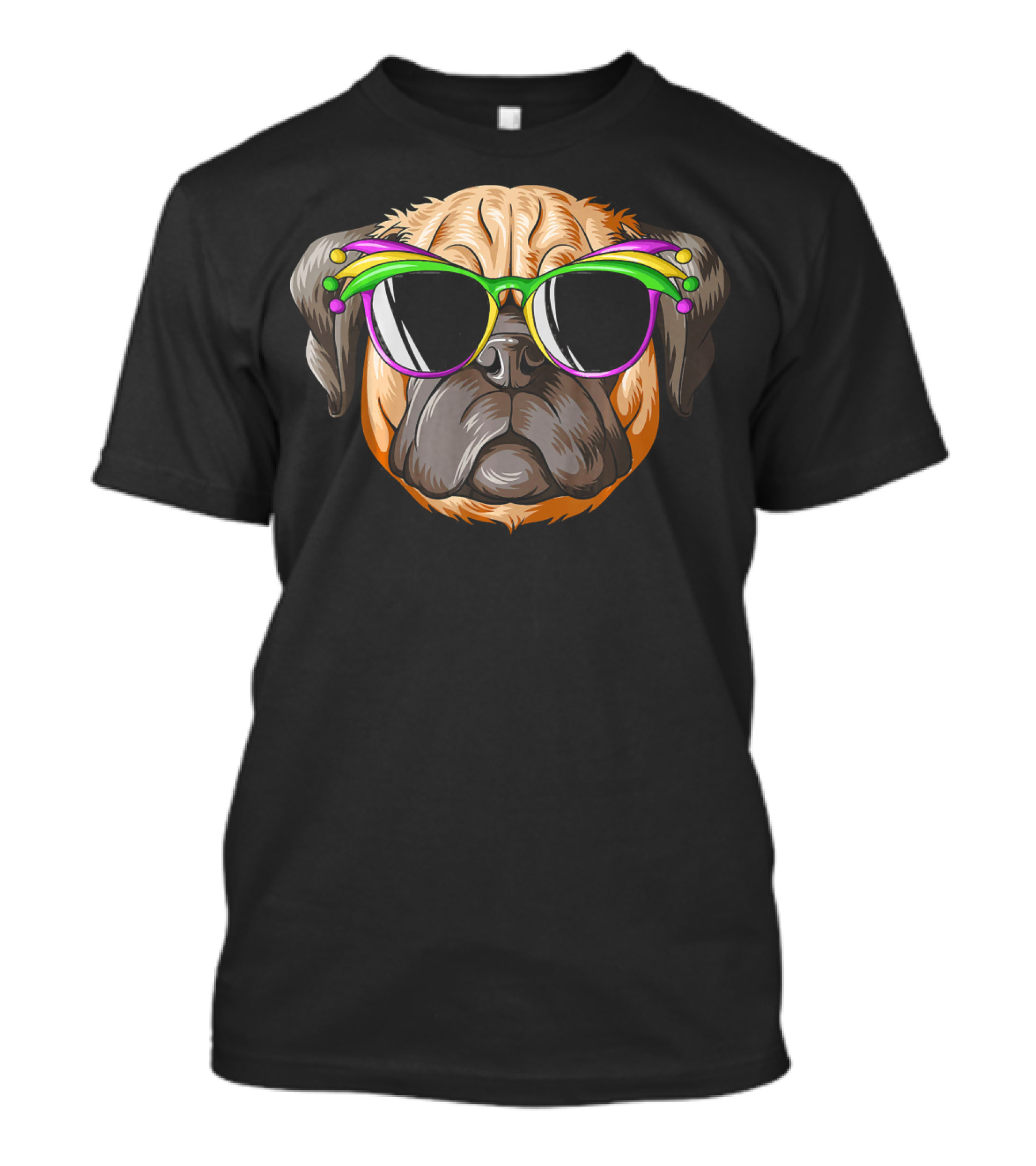 Pug Wearing Mardi Gras Carnival Mask With Colorful Beads And Sunglasses T-Shirt