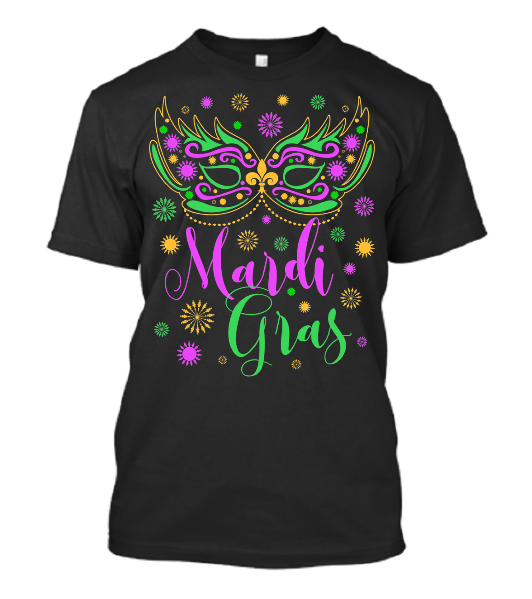 Mardi Gras Feathered Mask Colorful Celebration Text T-Shirt