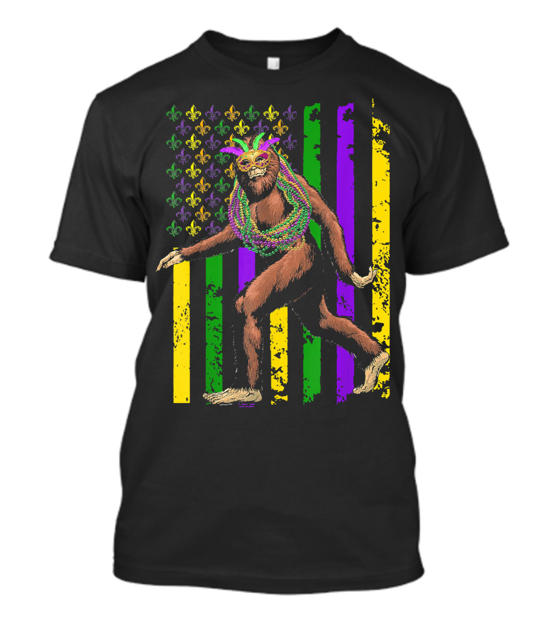 Bigfoot Mardi Gras Beads Fleur-de-Lis American Flag Stripes T-Shirt