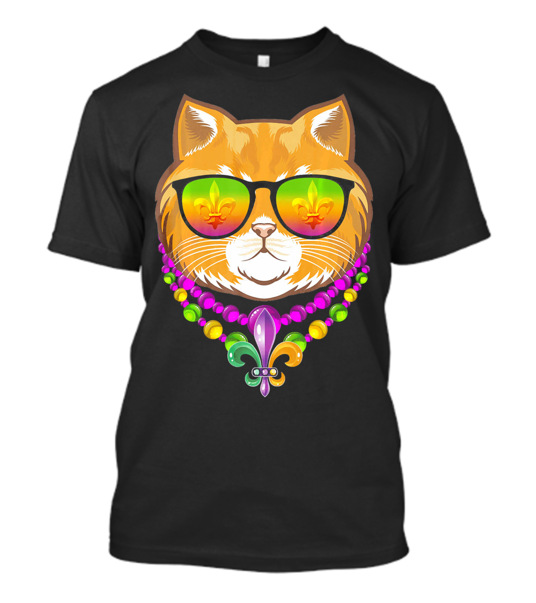 Mardi Gras Cat With Beads And Fleur-de-Lis Sunglasses T-Shirt