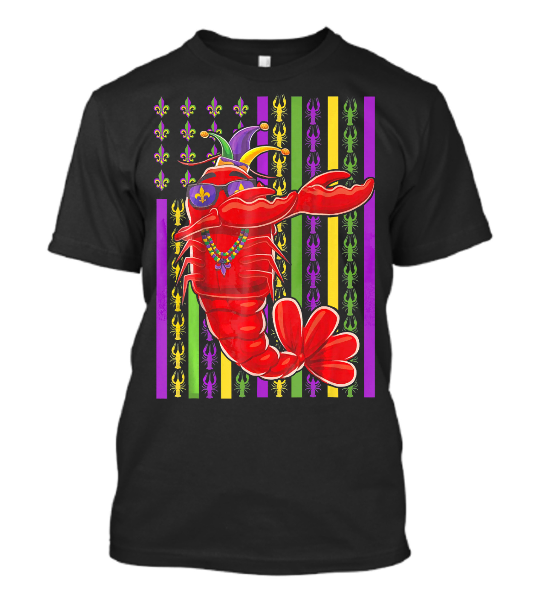 Funny Mardi Gras Crawfish Dabbing Americ Jester Hat Beads Fleur-de-Lis Stripes T-Shirt
